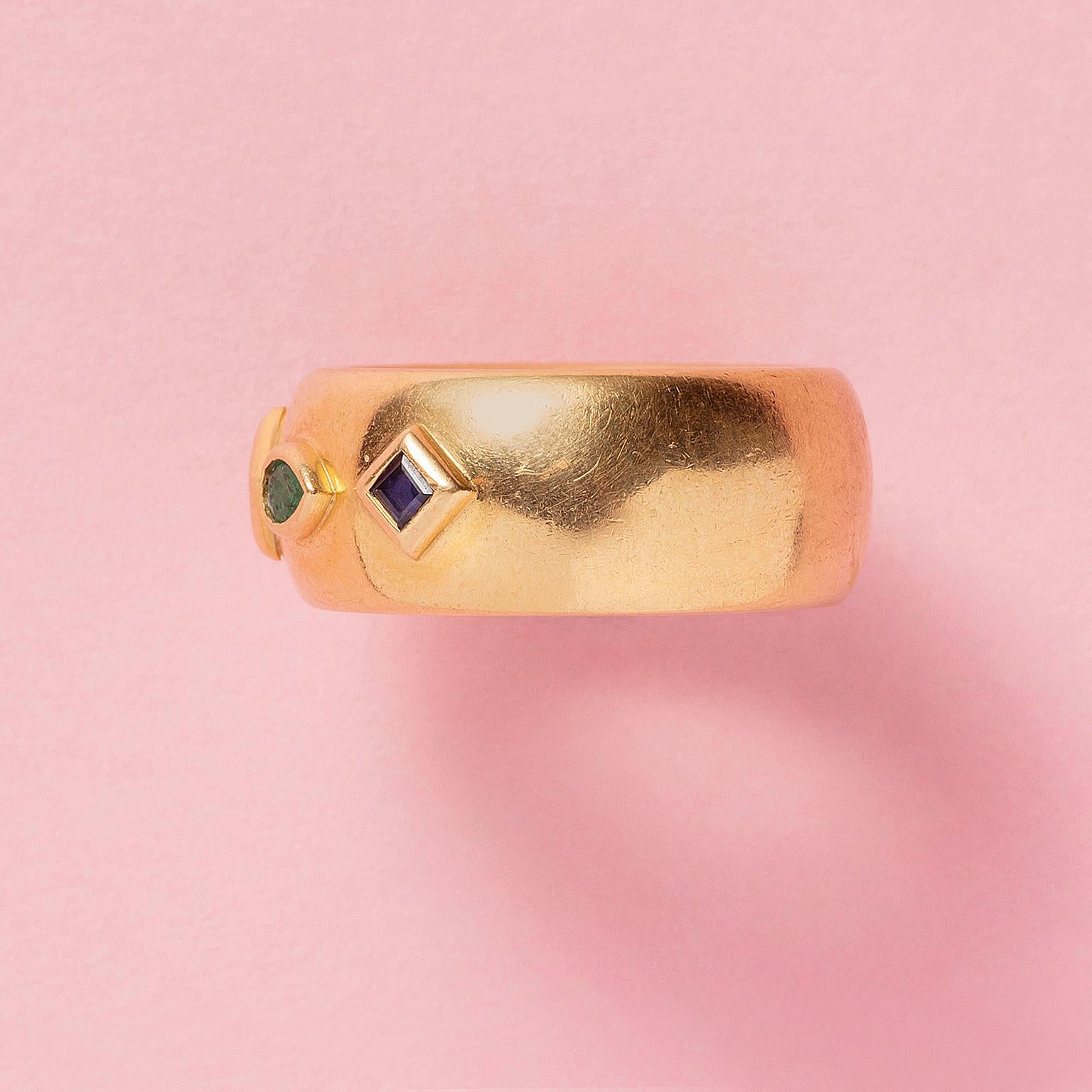 Women's or Men's Cartier, Byzantine 18 Carat Gold Band Ring with Ruby, Sapphire and Emerald