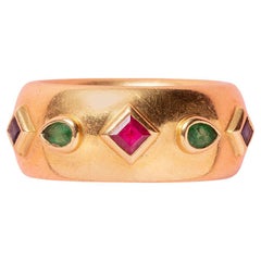 Cartier, Byzantine 18 Carat Gold Band Ring with Ruby, Sapphire and Emerald