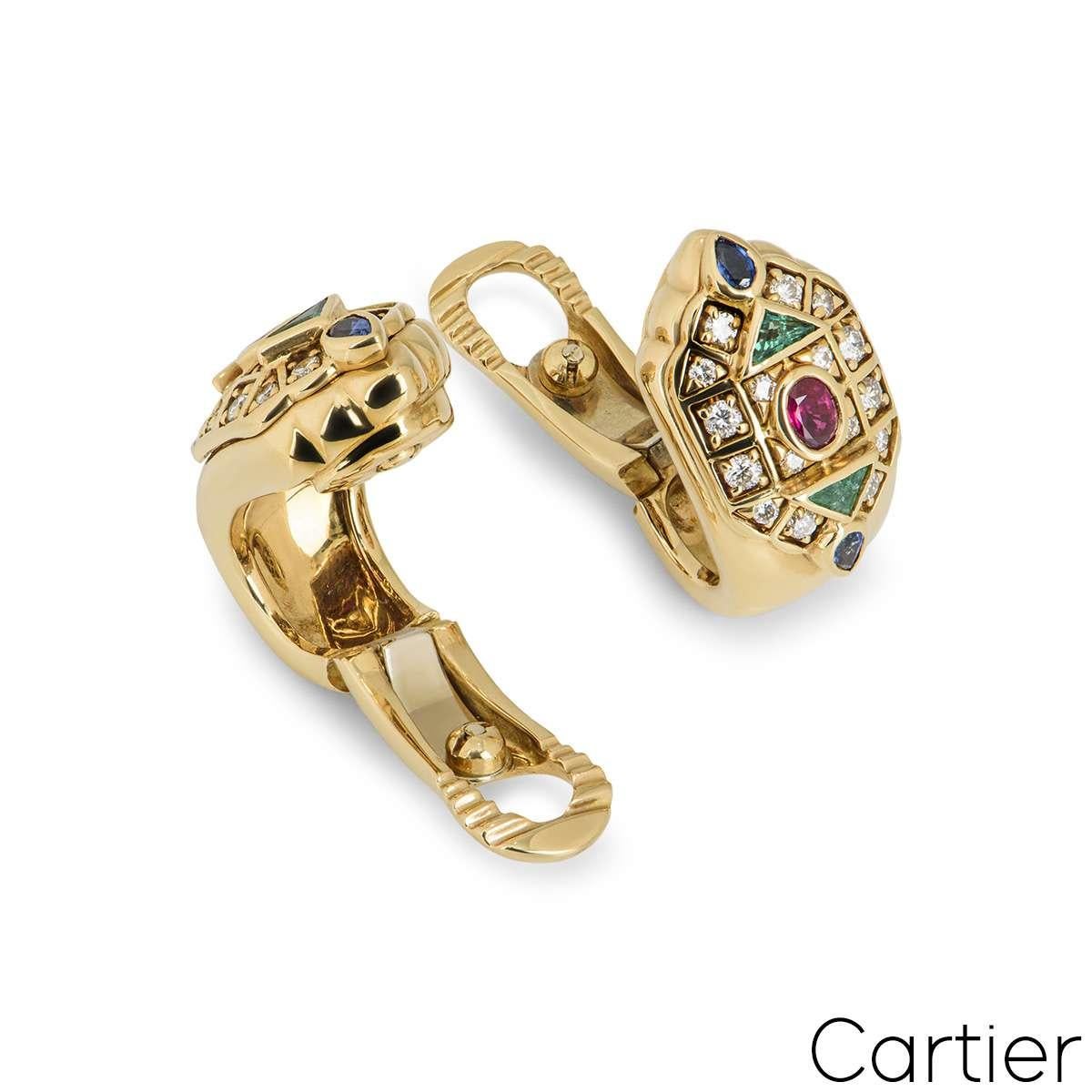 Cartier Byzantine Diamond Multi Gem Ear Clip Earrings In Excellent Condition For Sale In London, GB