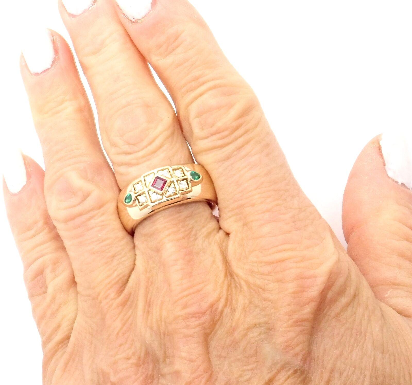 Brilliant Cut Cartier Byzantine Diamond Ruby Emerald Yellow Gold Band Ring