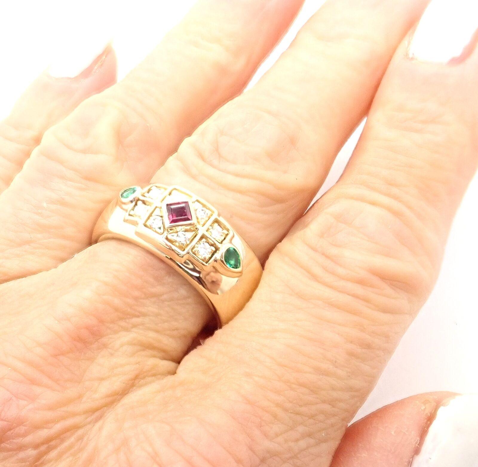 Cartier Byzantine Diamond Ruby Emerald Yellow Gold Band Ring In Excellent Condition In Holland, PA