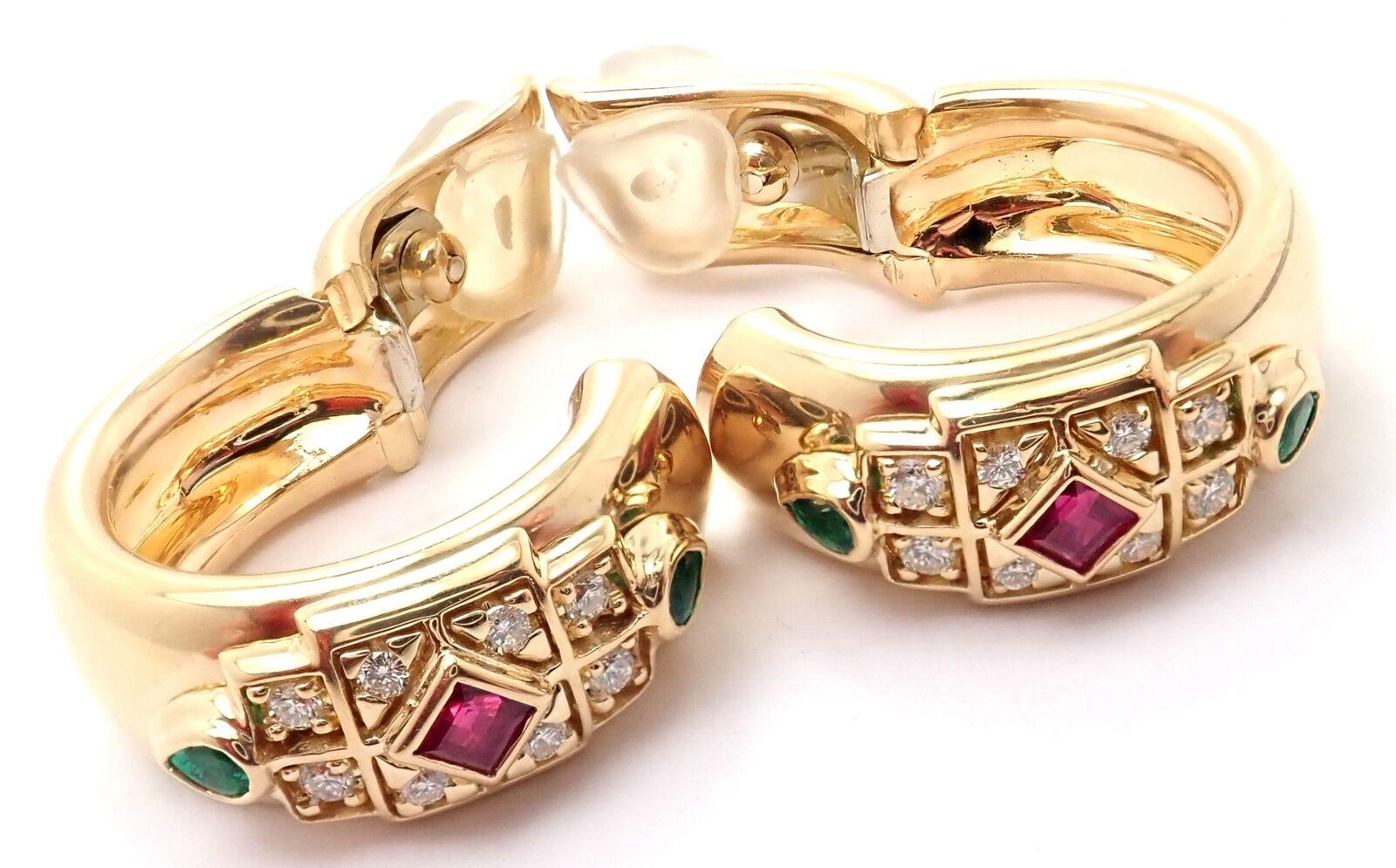 Cartier Byzantine Diamond Ruby Emerald Yellow Gold Hoop Earrings 5