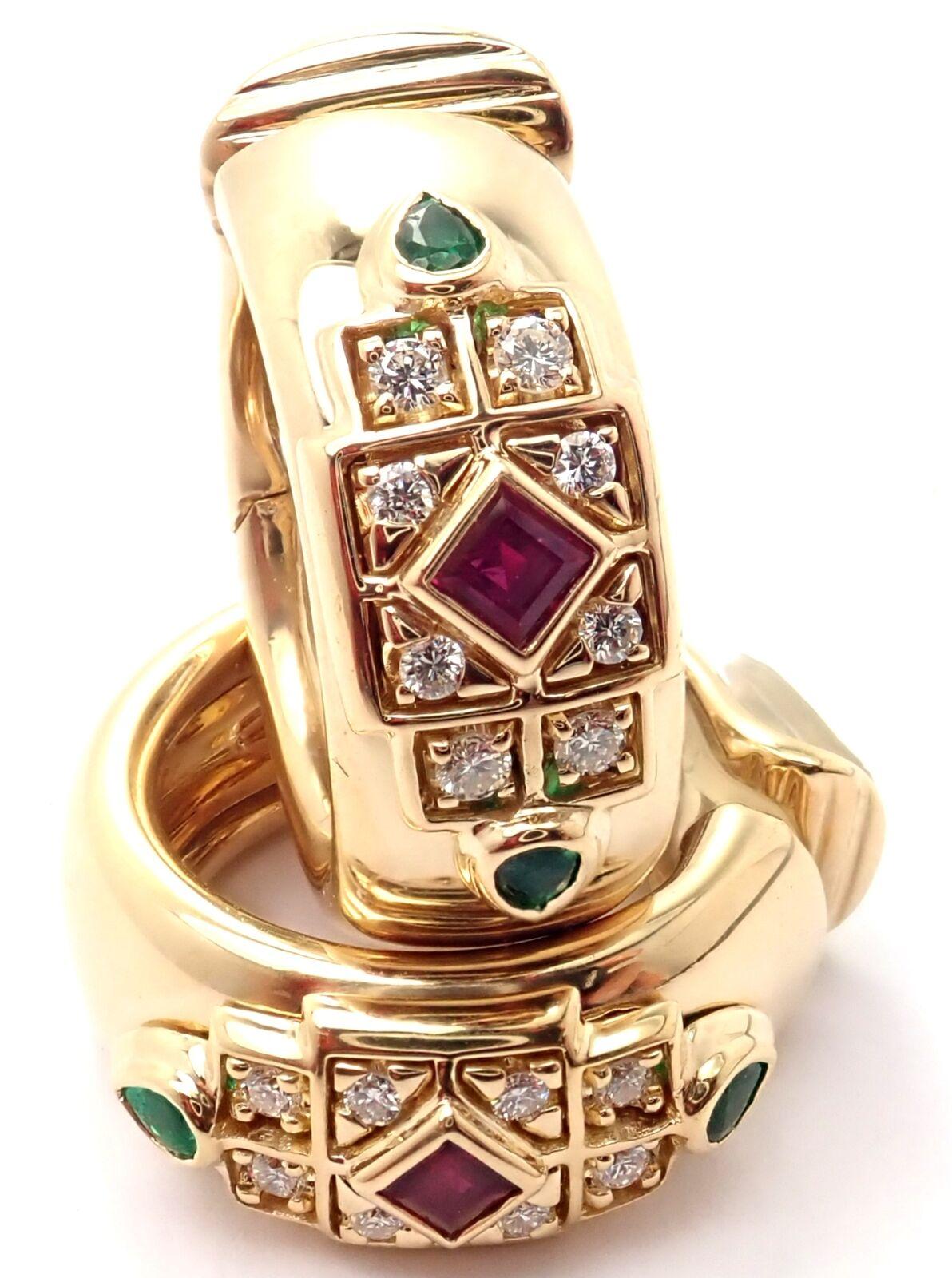 Brilliant Cut Cartier Byzantine Diamond Ruby Emerald Yellow Gold Hoop Earrings