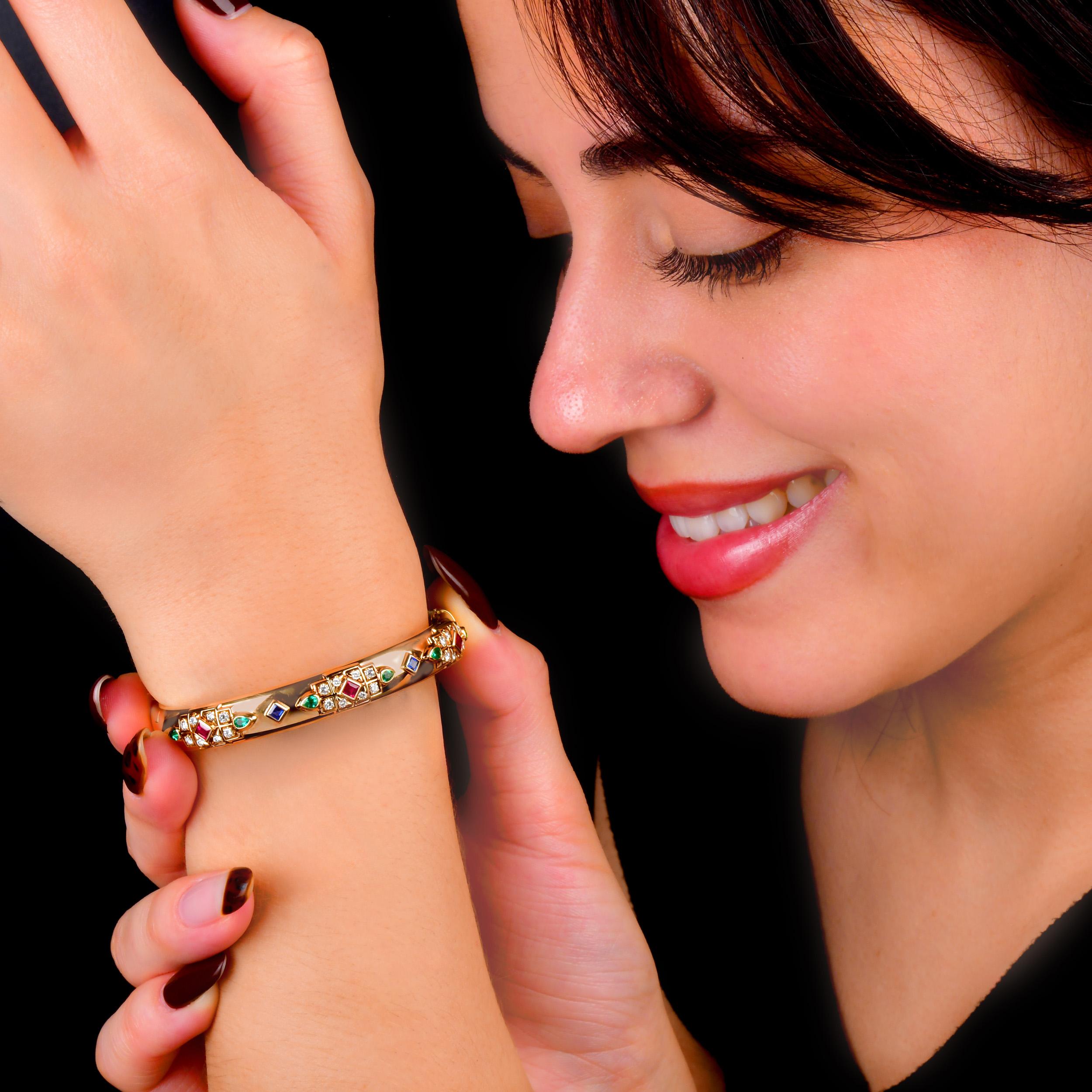 Cartier Byzantine Diamond Sapphire Ruby Emerald Yellow Gold Bangle Bracelet For Sale 5