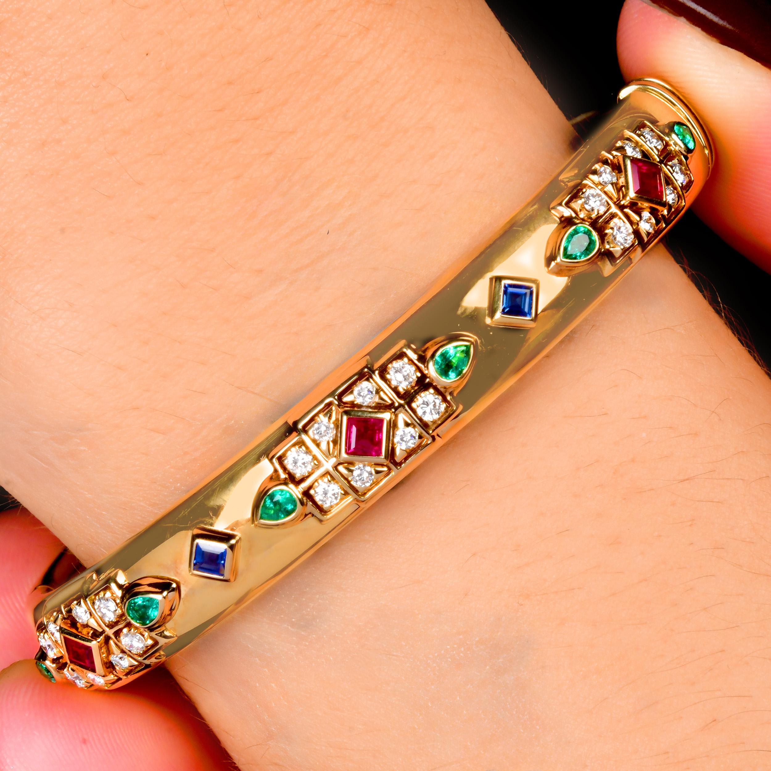 Round Cut Cartier Byzantine Diamond Sapphire Ruby Emerald Yellow Gold Bangle Bracelet For Sale