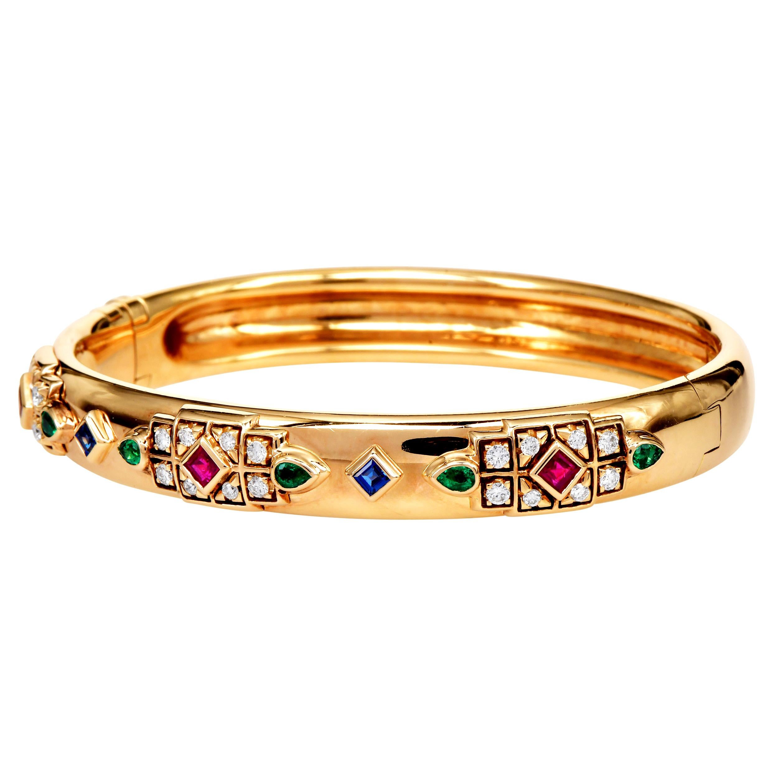Cartier Byzantine Diamond Sapphire Ruby Emerald Yellow Gold Bangle Bracelet In Excellent Condition For Sale In Miami, FL
