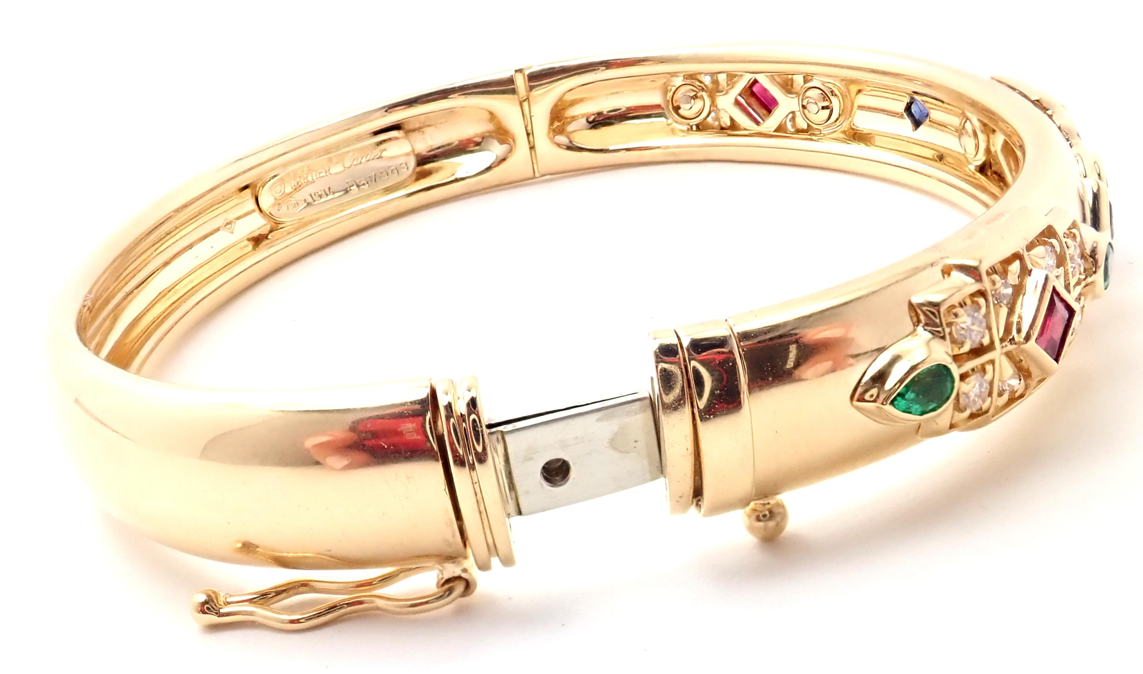 Brilliant Cut Cartier Byzantine Diamond Sapphire Ruby Emerald Yellow Gold Bangle Bracelet