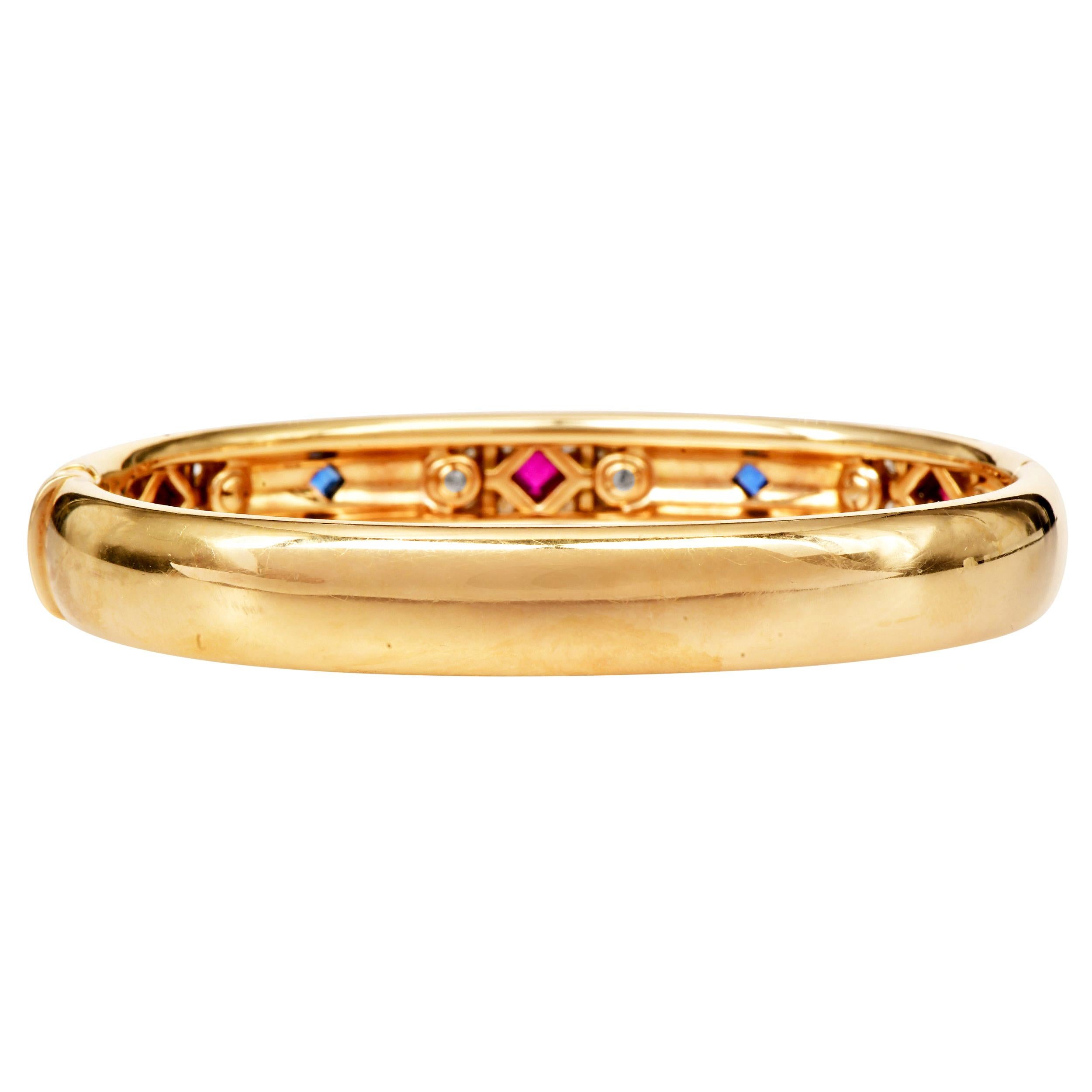 Cartier Byzantine Diamond Sapphire Ruby Emerald Yellow Gold Bangle Bracelet For Sale 1