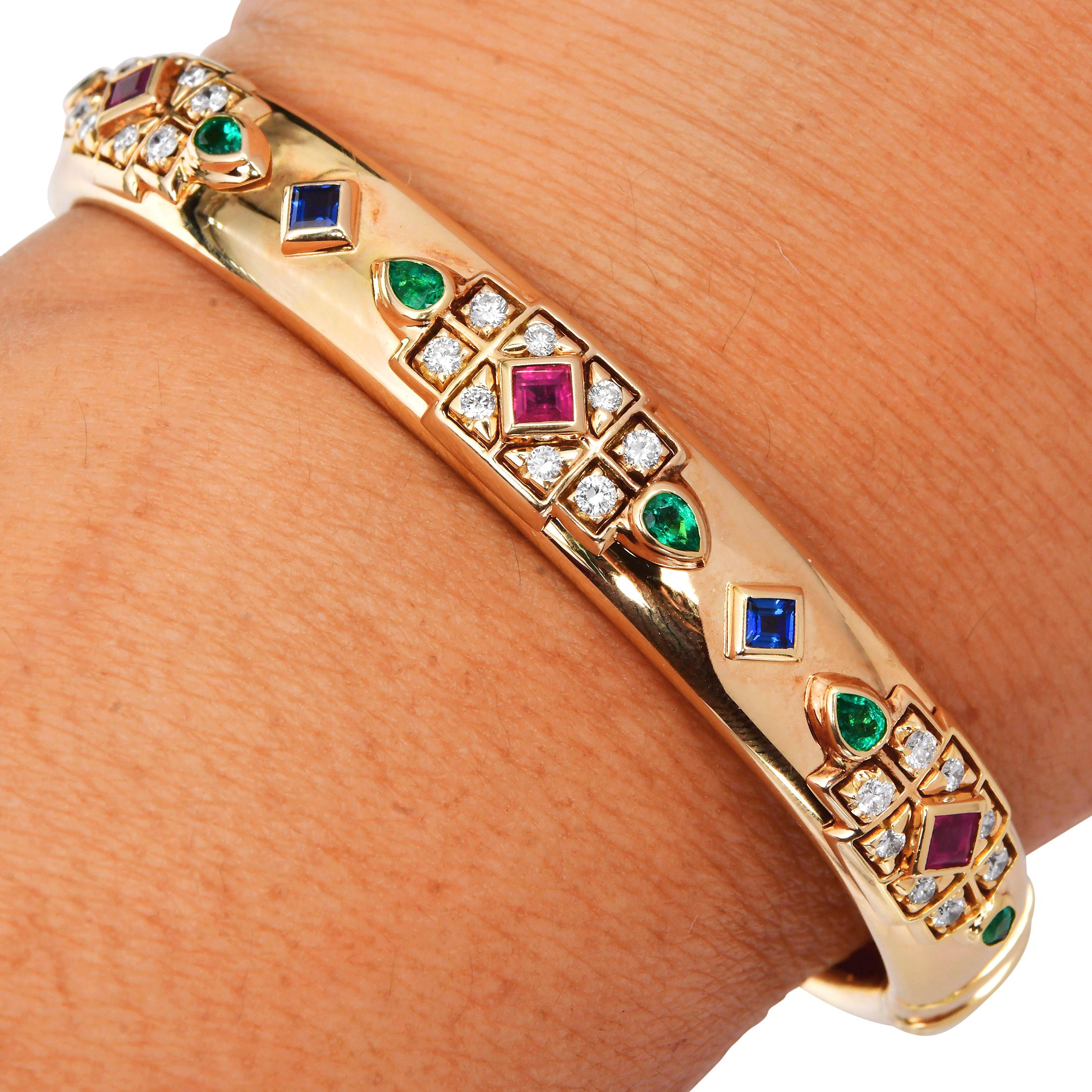Cartier Byzantine Diamond Sapphire Ruby Emerald Yellow Gold Bangle Bracelet For Sale 4