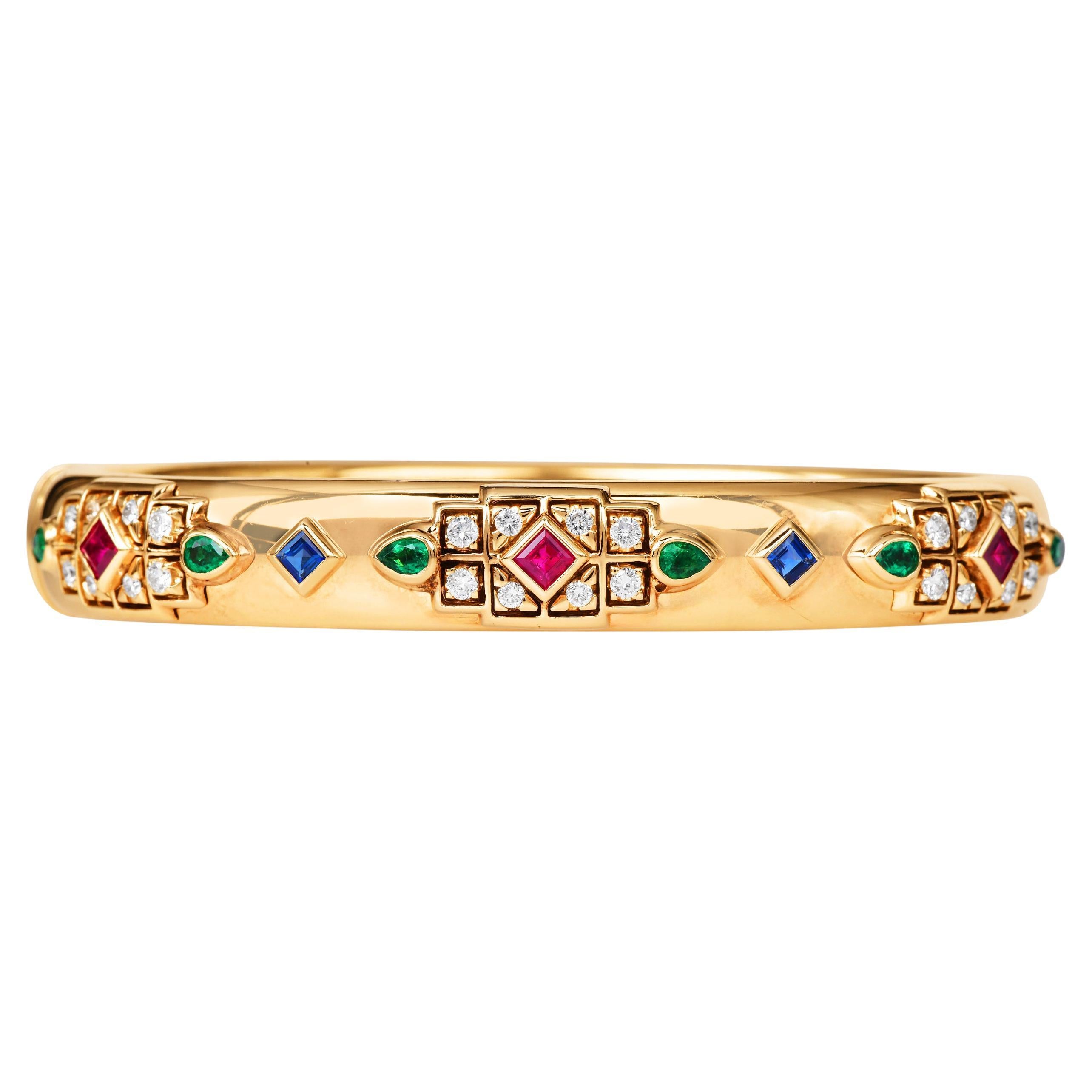 Cartier Byzantine Diamond Sapphire Ruby Emerald Yellow Gold Bangle Bracelet For Sale