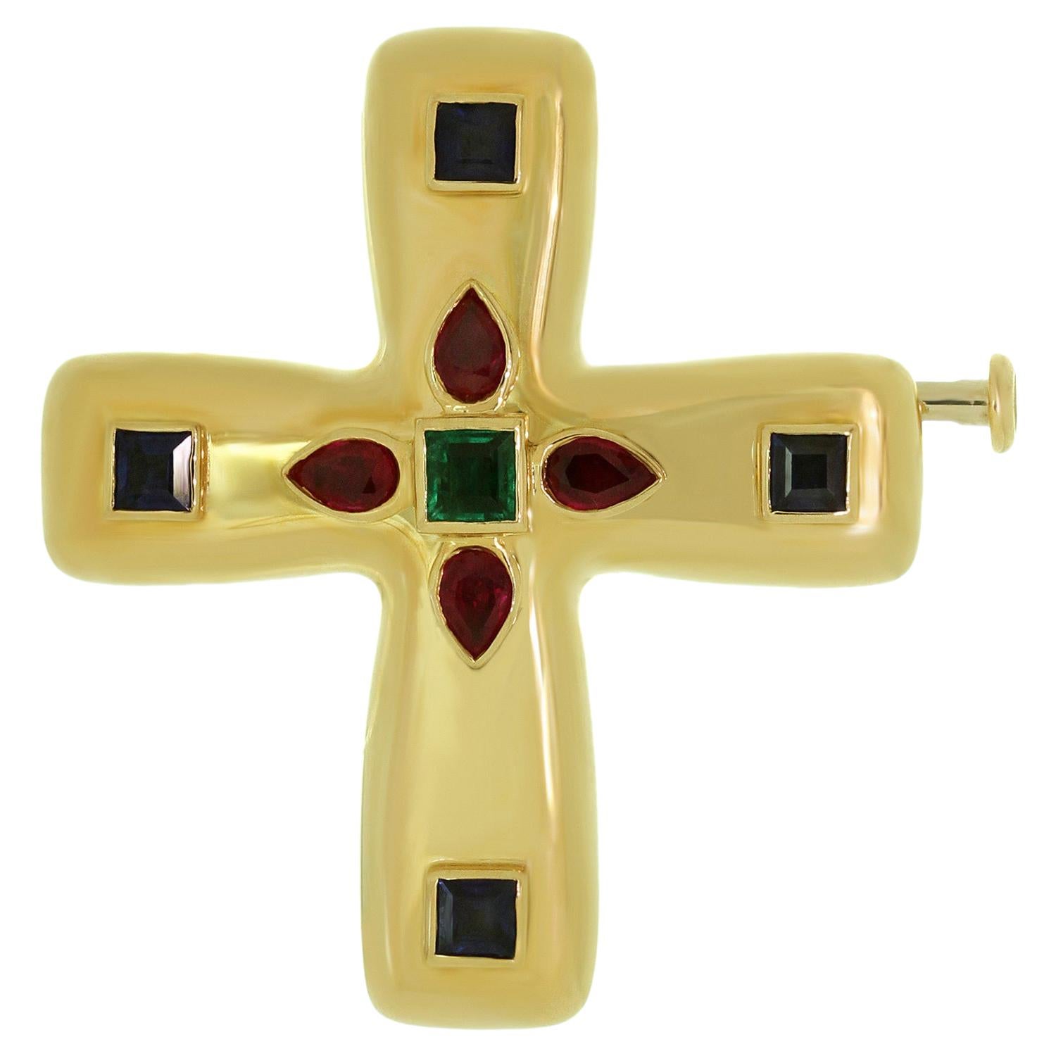 Cartier Byzantine Multi-Color Gemstone Yellow Gold Medium Cross Pendant Brooch