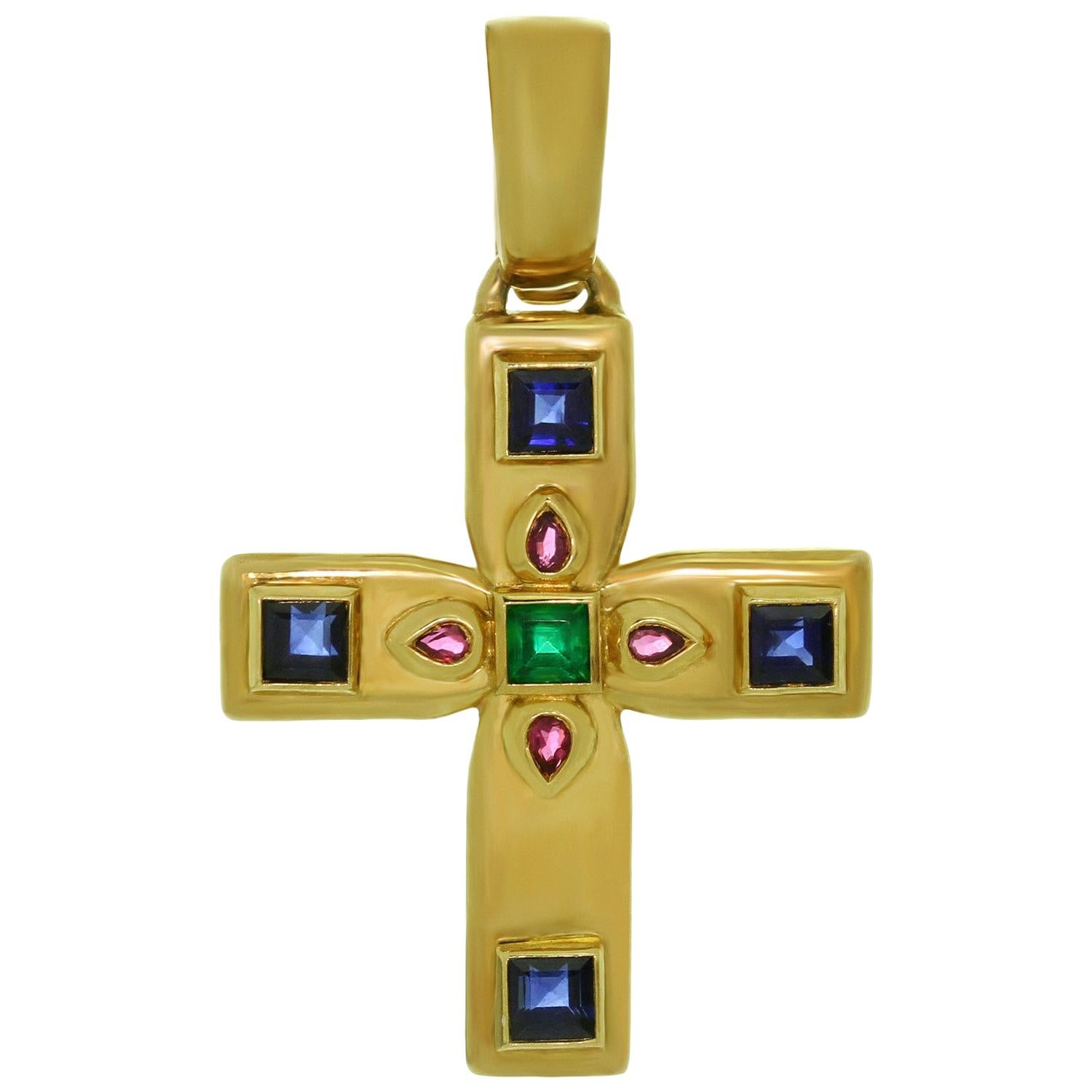 Pendentif petite croix byzantine en or jaune et pierres précieuses multicolores de Cartier
