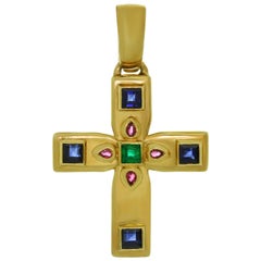 Vintage Cartier Byzantine Multi-Color Gemstone Yellow Gold Small Cross Pendant