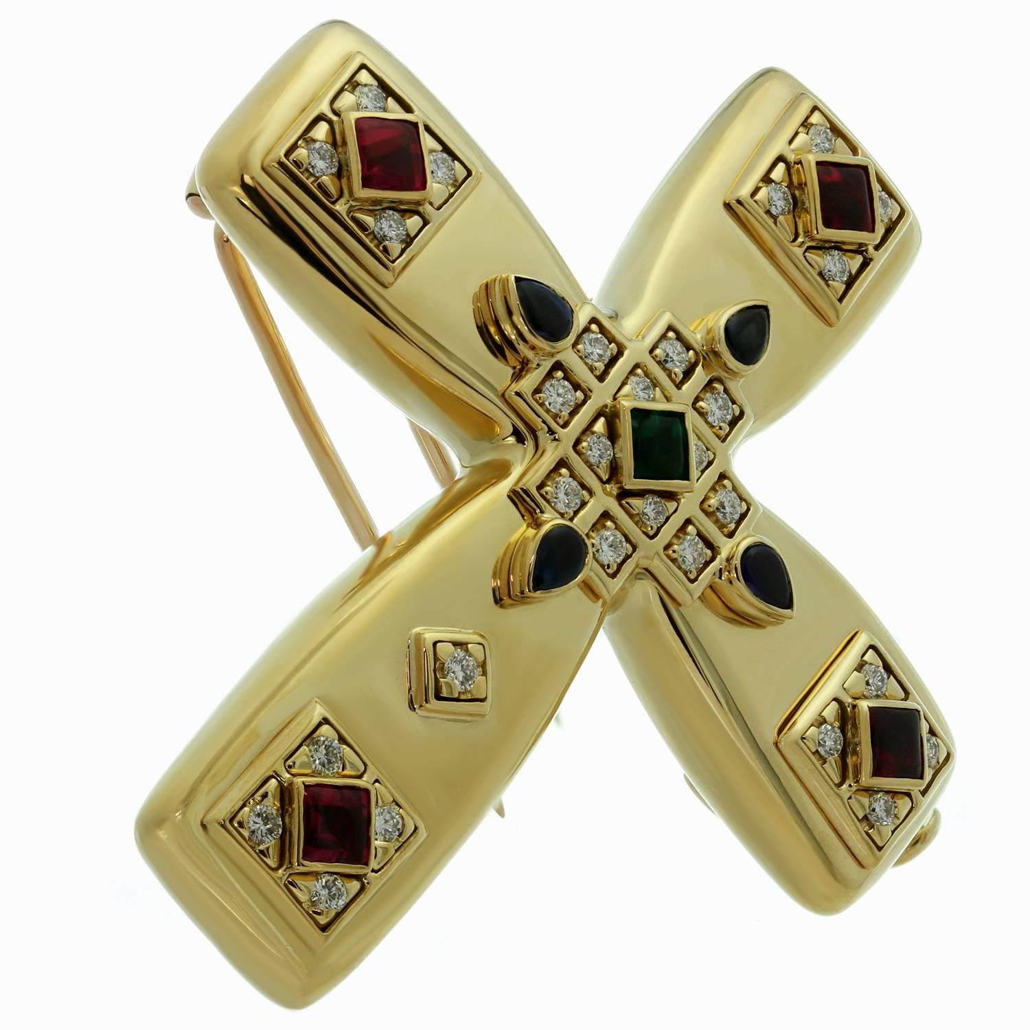 Cartier Byzantine Multi-Color Gemstone Diamonds Yellow Gold Cross Pendant Brooch 2
