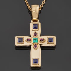 CARTIER Byzantine Multicolor Gemstone Yellow Gold Cross Pendant Necklace