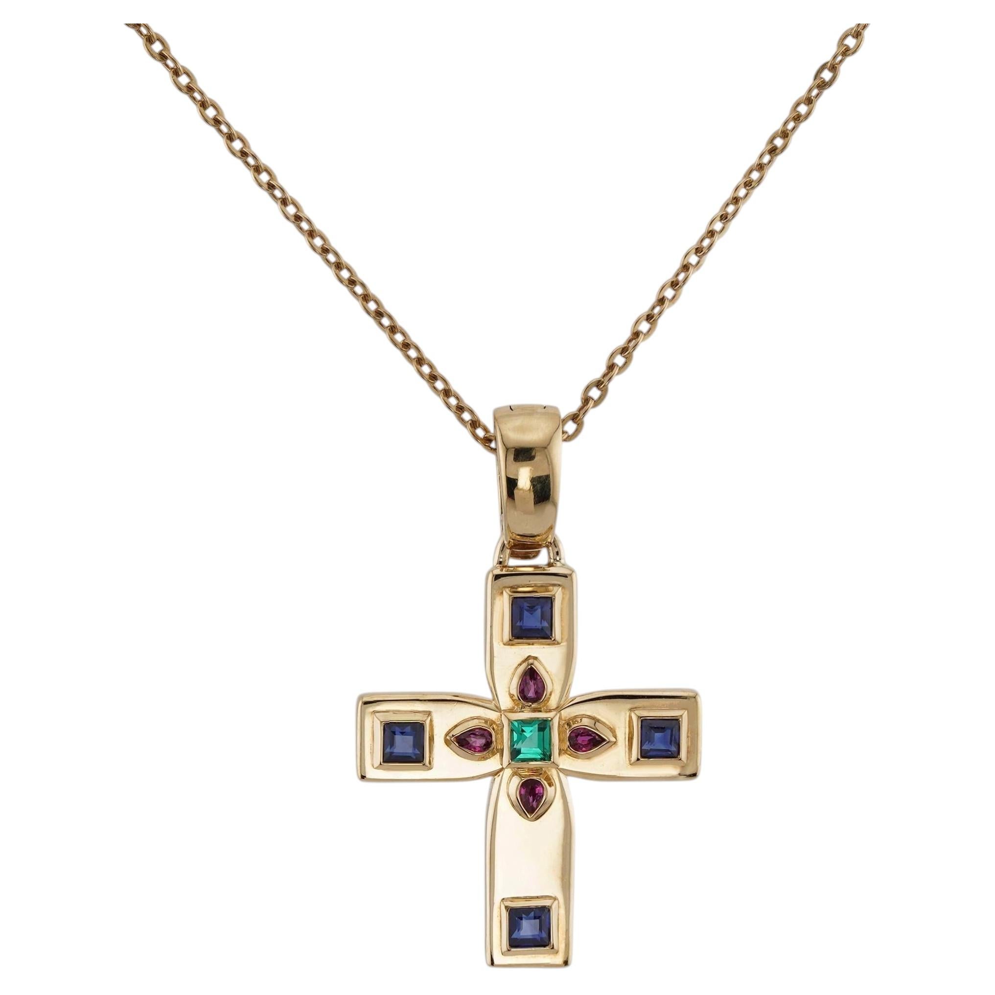 CARTIER Collana con ciondolo a croce bizantina in oro giallo con pietre preziose multicolori