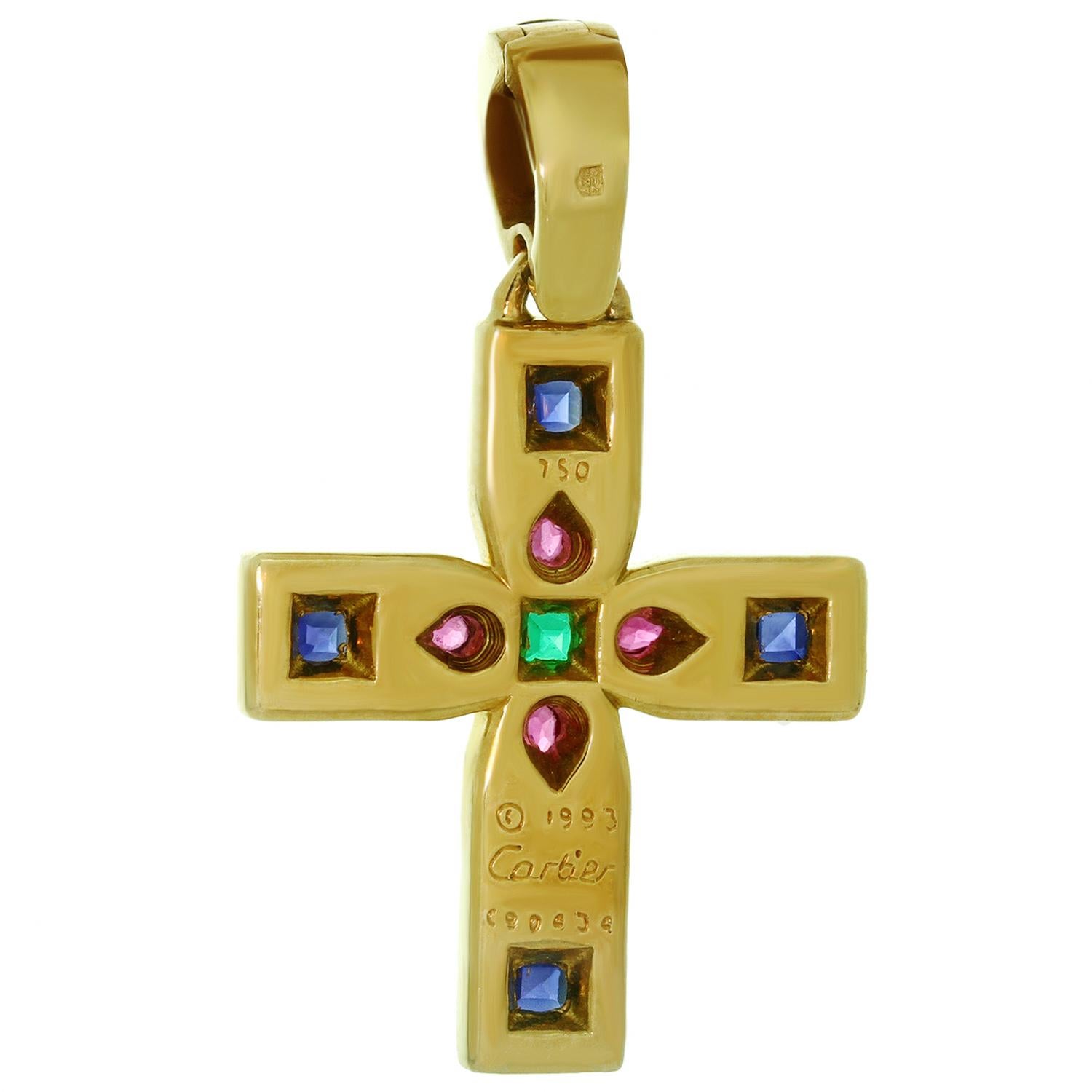 Pendentif petite croix byzantine en or jaune et pierres précieuses multicolores de Cartier Excellent état à New York, NY