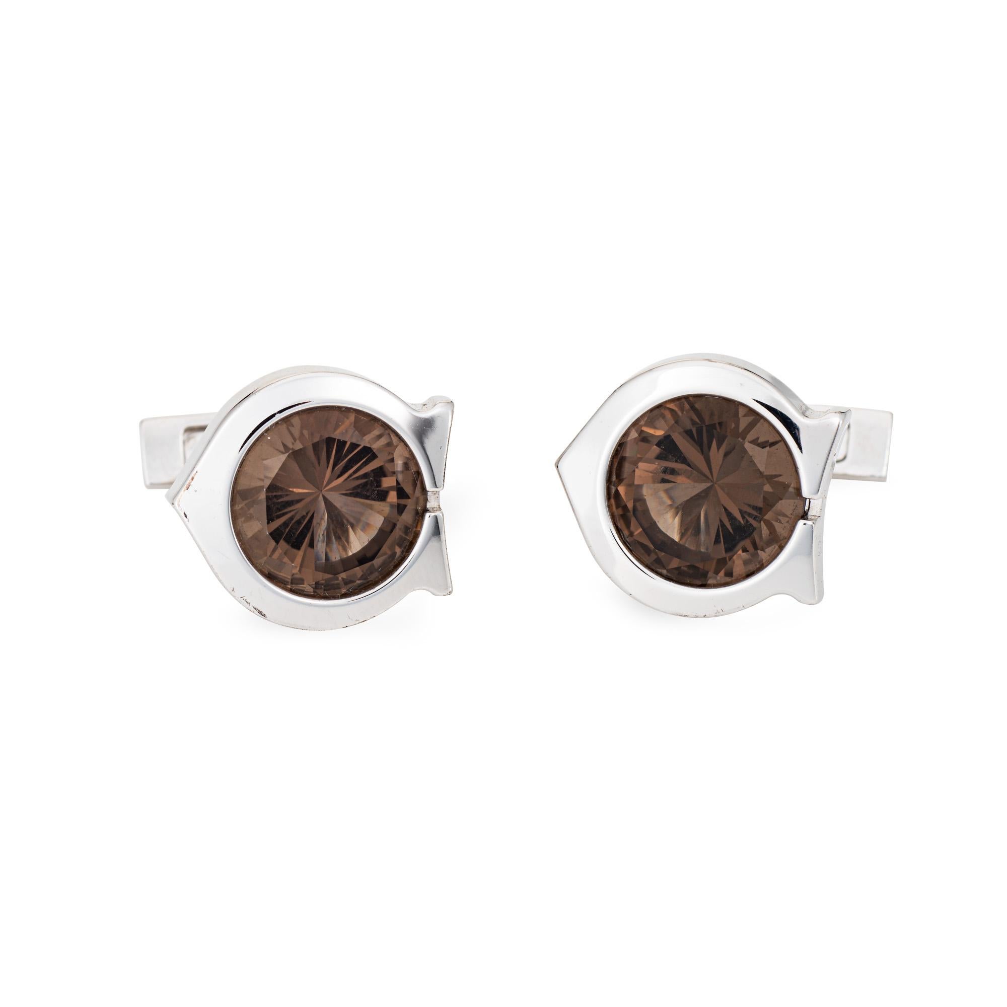 Contemporary Cartier C Cufflinks Smoky Quartz Palladium Sterling Silver Estate Men's Jewelry For Sale