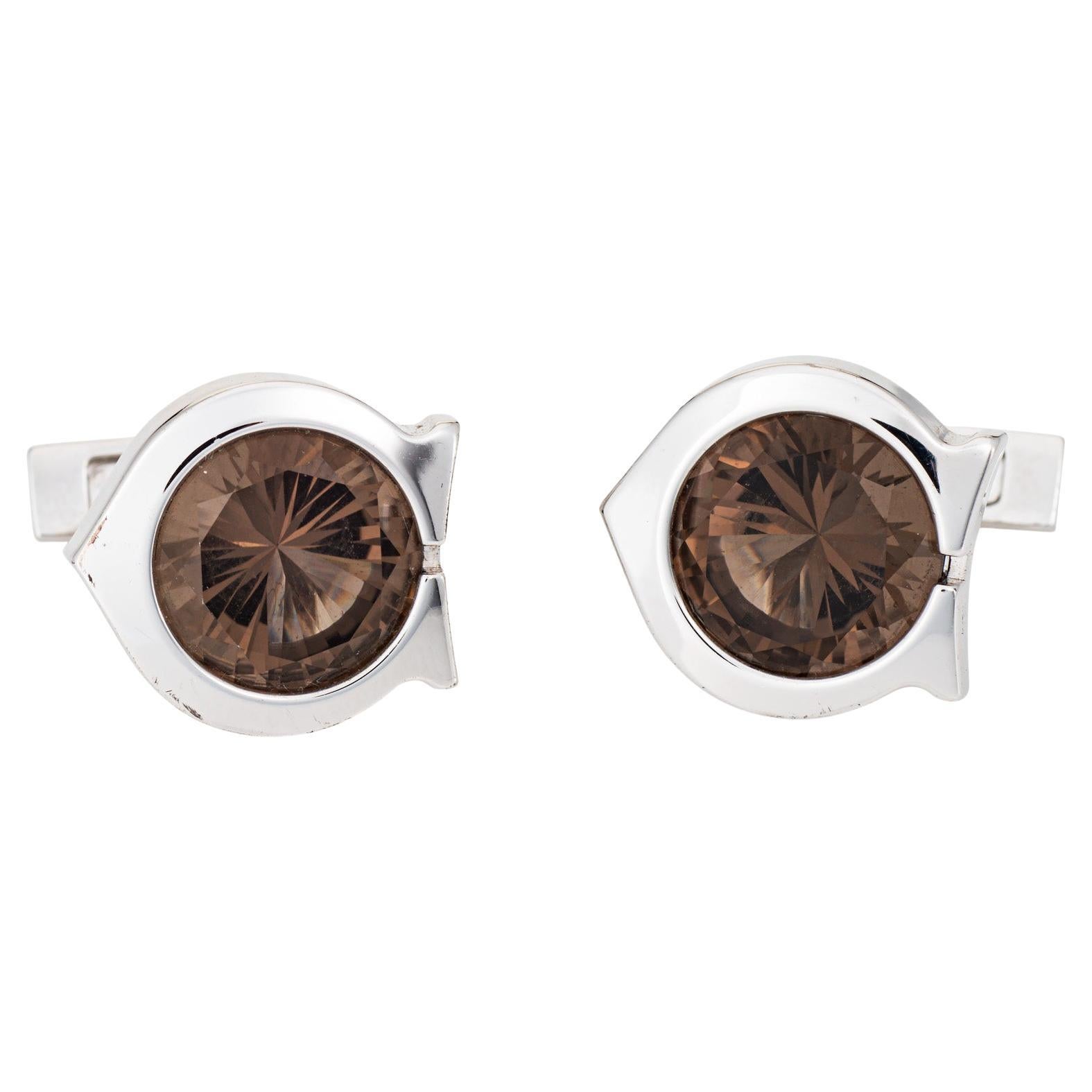 Cartier C Cufflinks Smoky Quartz Palladium Sterling Silver Estate Men's Jewelry For Sale