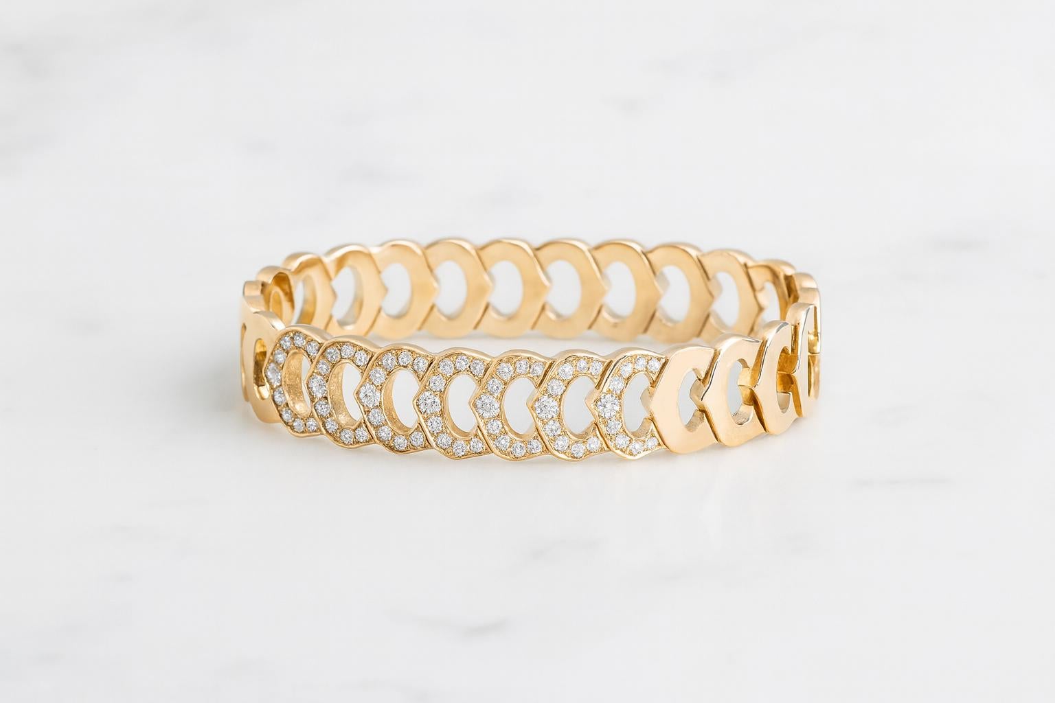 Round Cut Cartier C de Cartier 18K Yellow and Rose Gold Diamond Link Bracelet For Sale
