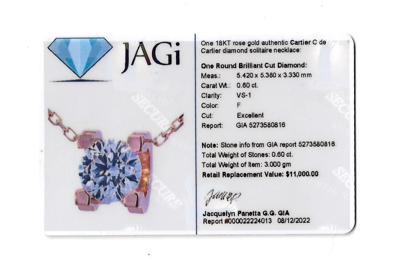 Cartier C de Cartier GIA Diamond Solitaire Necklace in 18 Karat Rose Gold F/VS1 8