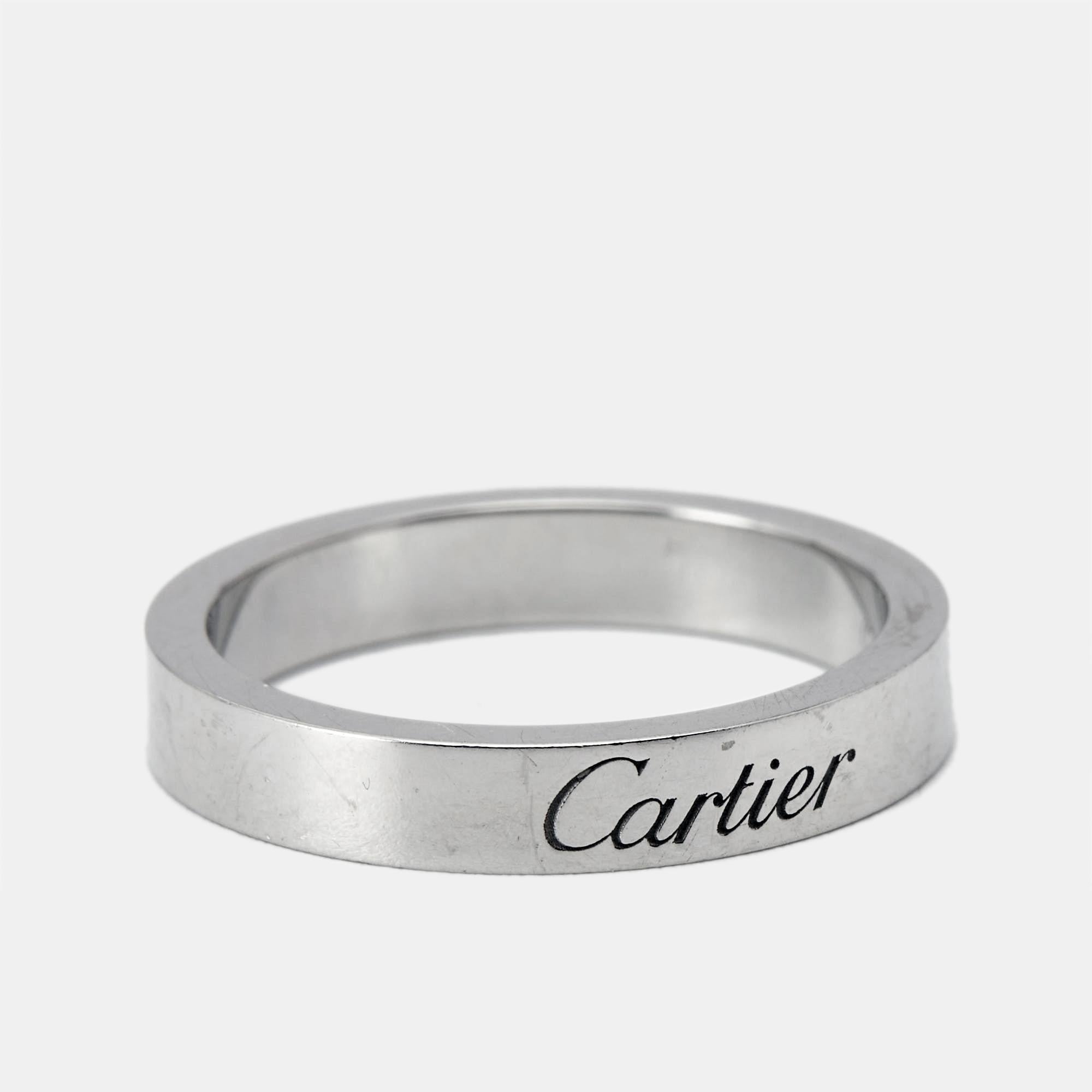 Cartier C De Cartier Platinum Wedding Band Ring Size 48 In Good Condition For Sale In Dubai, Al Qouz 2