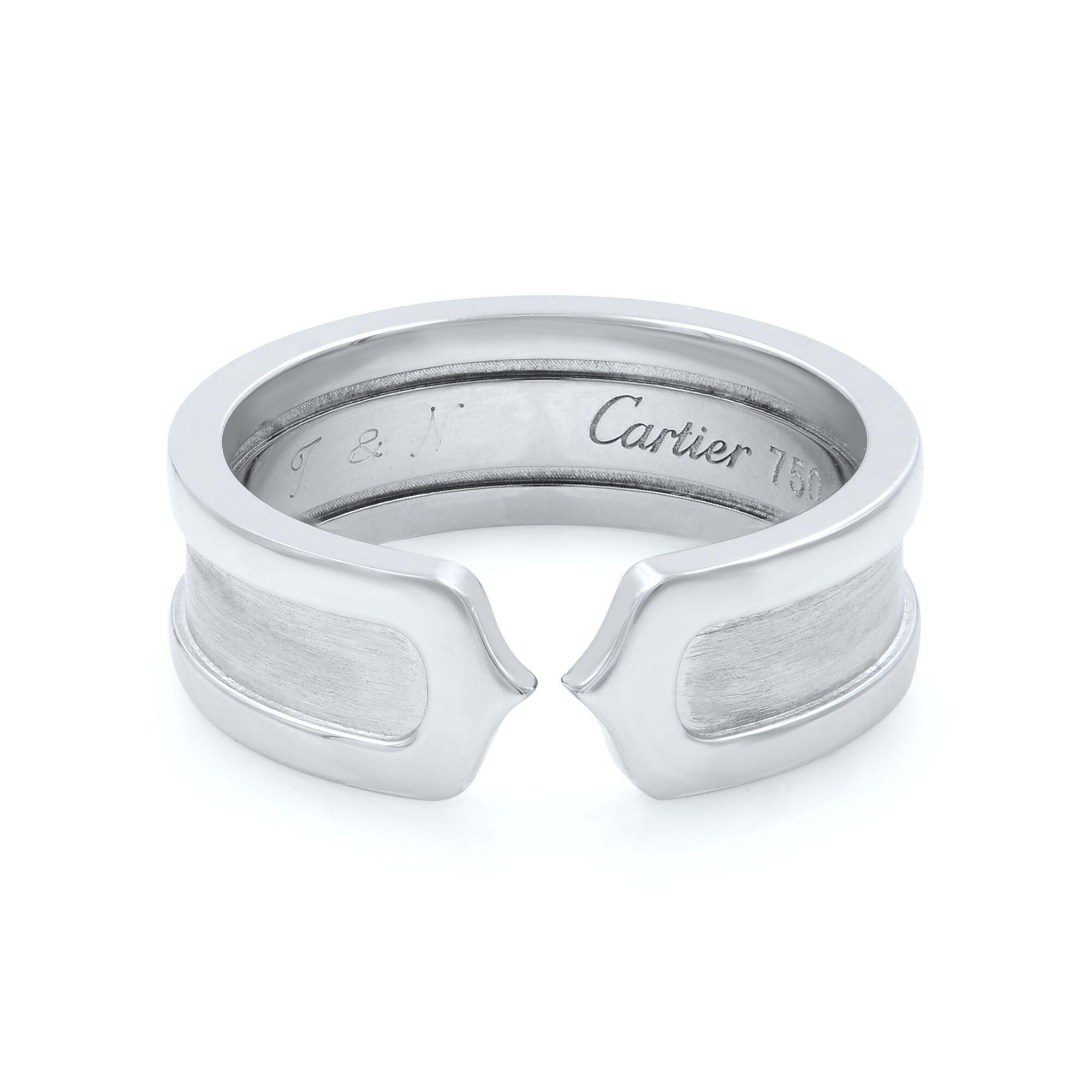 Cartier is known for making jewelry in a way that glorifies art and craftsmanship. This C De Cartier carries the same wondrous trait. It has been meticulously crafted with 18k white gold and designed with a high polish finish throughout. The ring is