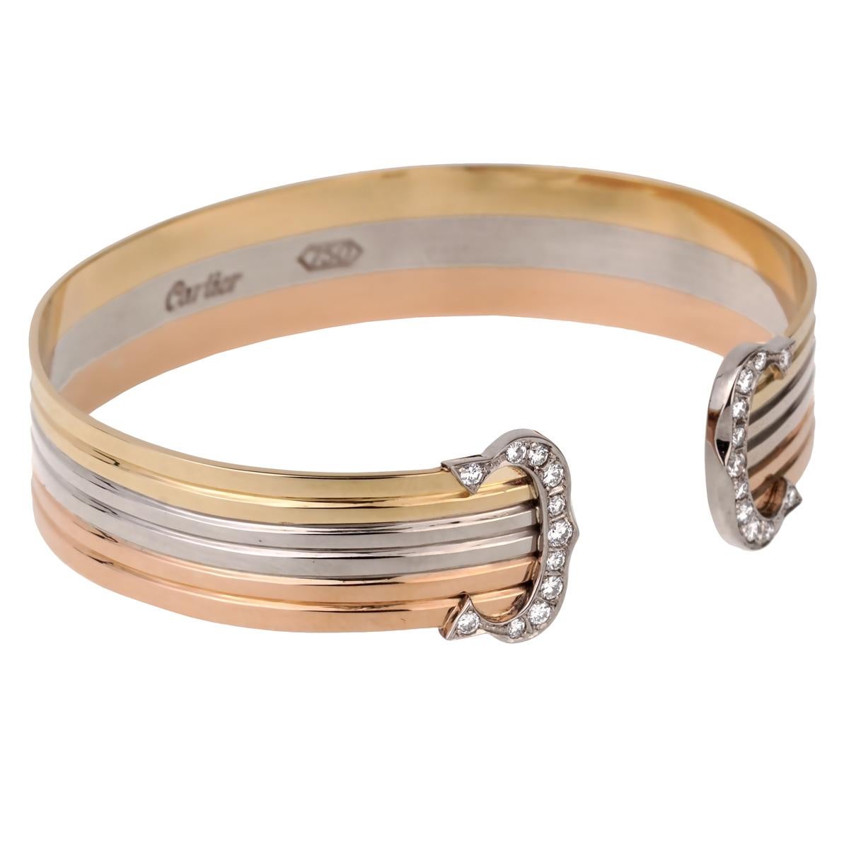 A chic Cartier bracelet from the C de Cartier collection featuring white yellow and rose gold complemented with round brilliant cut diamonds on the iconic Cartier C motifs

Bracelet Length: Upto 7