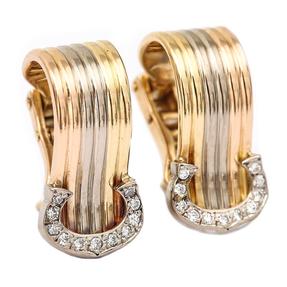 Modern Cartier ‘C’ Diamond Earrings 18 Karat Yellow, White and Rose Gold