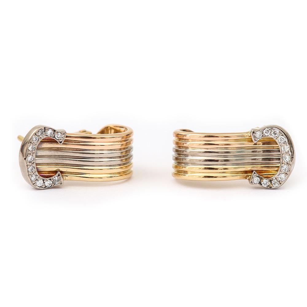Round Cut Cartier ‘C’ Diamond Earrings 18 Karat Yellow, White and Rose Gold