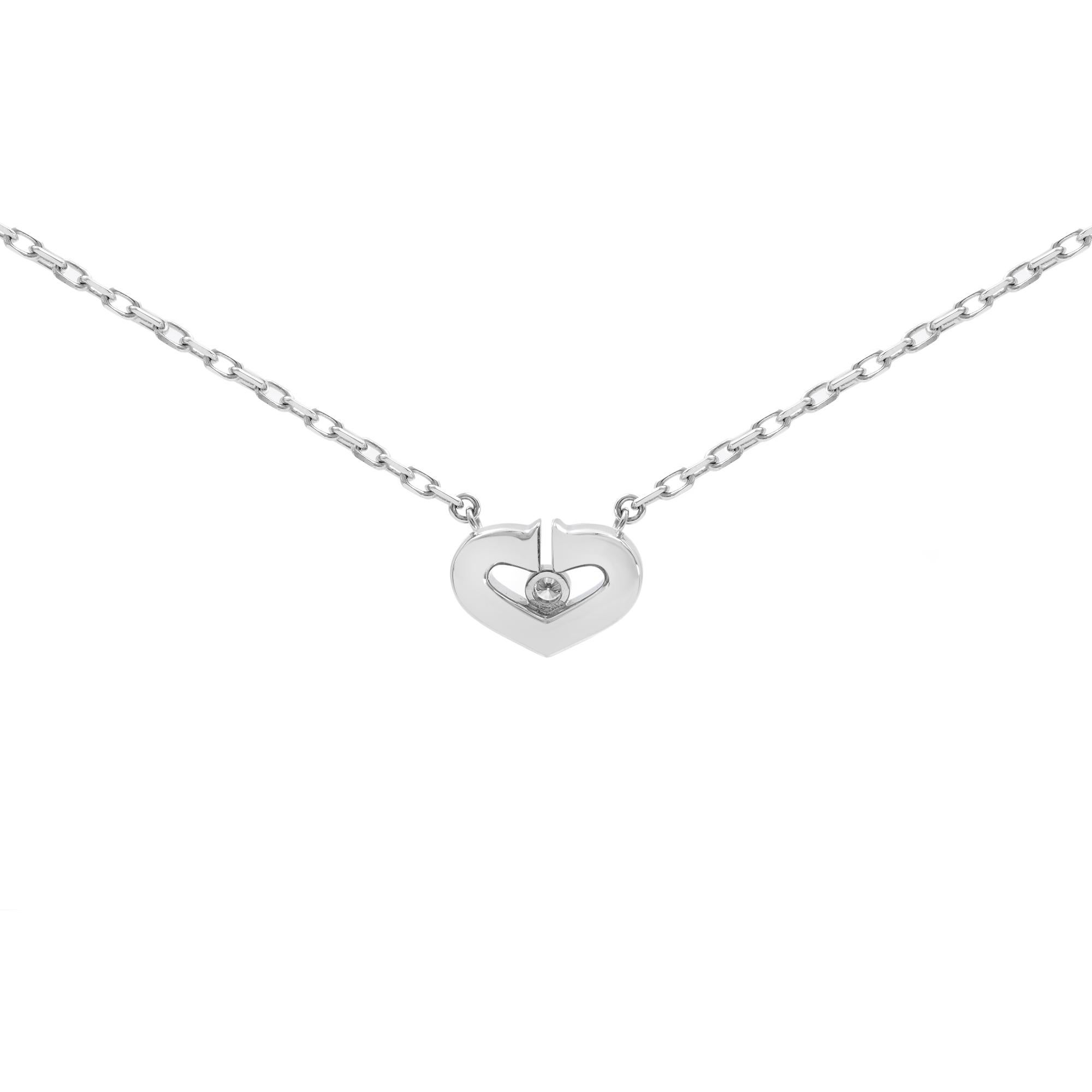 Round Cut Cartier C Heart Diamond Pendant Necklace 18k White Gold 0.02cttw