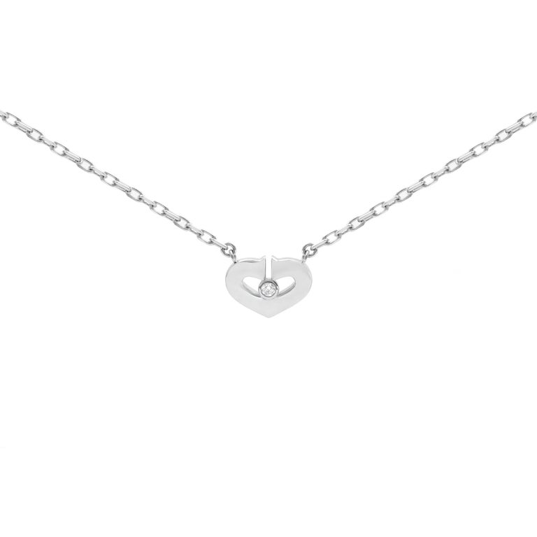 Cartier C Heart Diamond Pendant Necklace 18k White Gold 0.02cttw For Sale at 1stDibs
