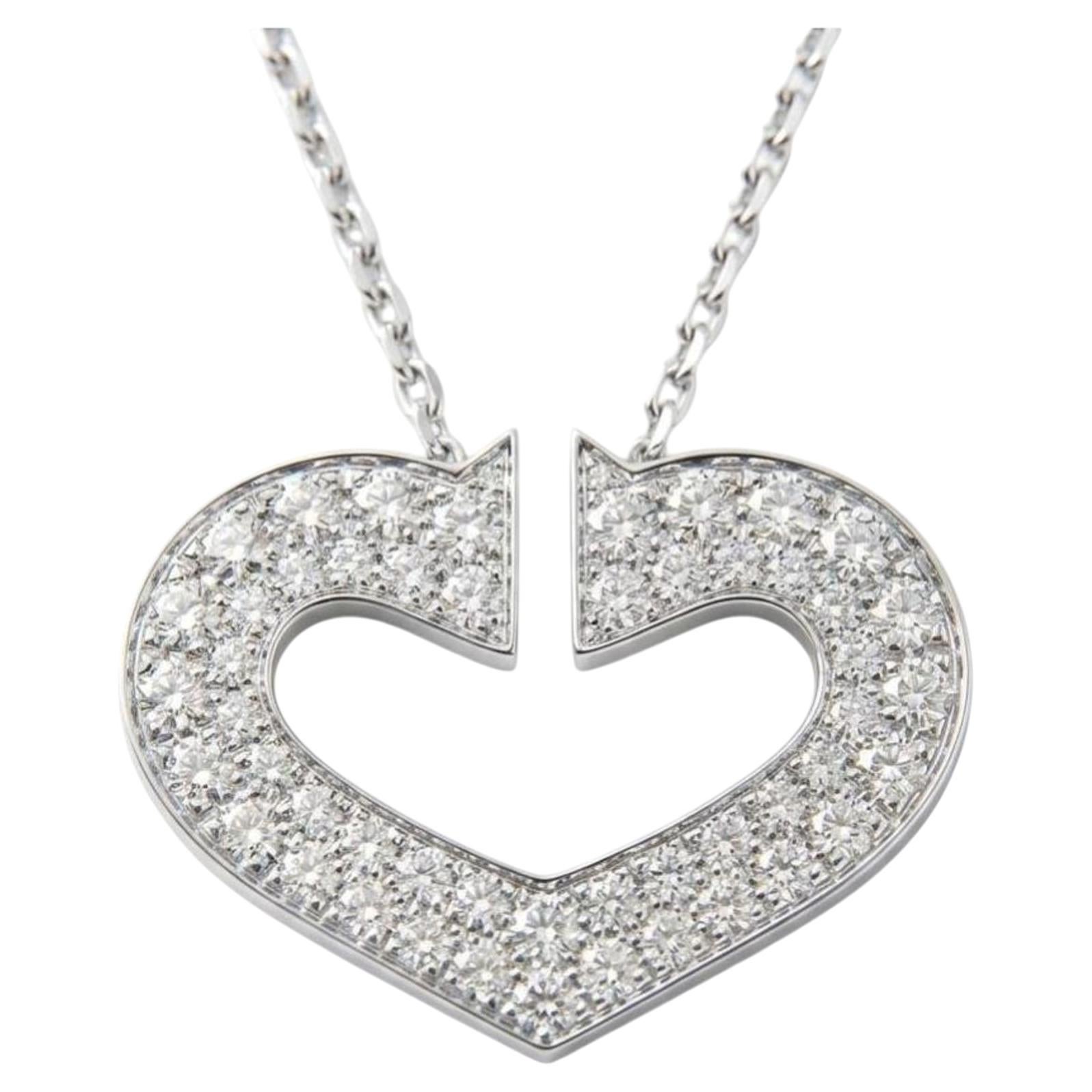 Cartier C Heart Diamond Pendant Necklace 18K White Gold Pavé Set Diamonds