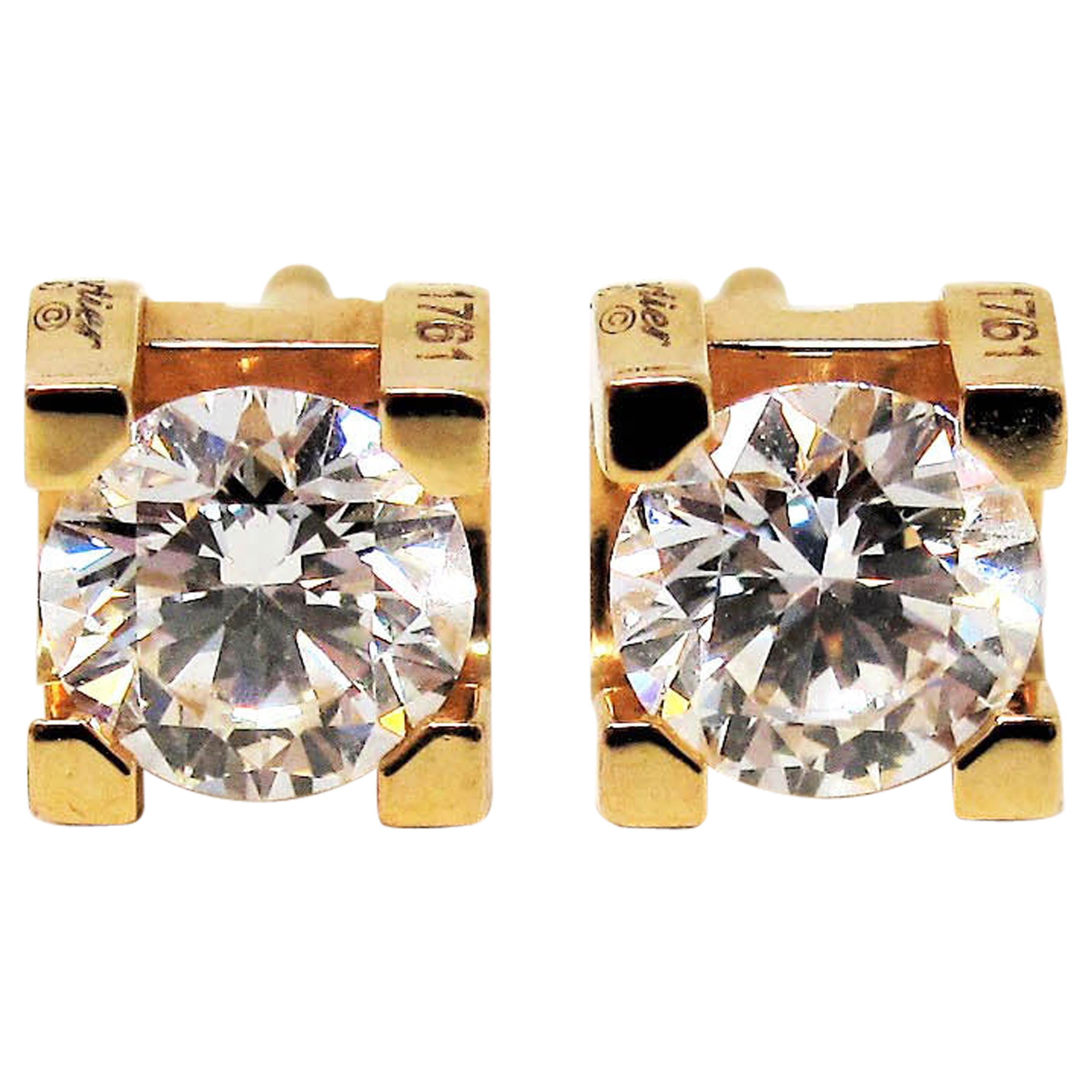 Cartier C Round Diamond Solitaire Stud Earrings Pink Gold 1.00 Carat Total