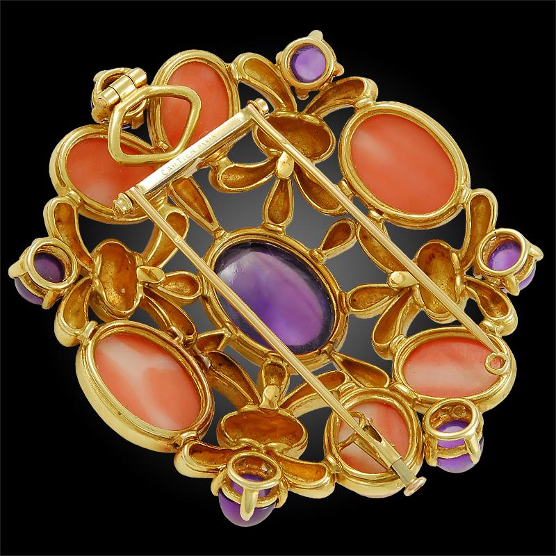 Women's Cartier Paris 1970s Celtic Design Cabochon Amethyst  Coral Gold Brooch Pin For Sale