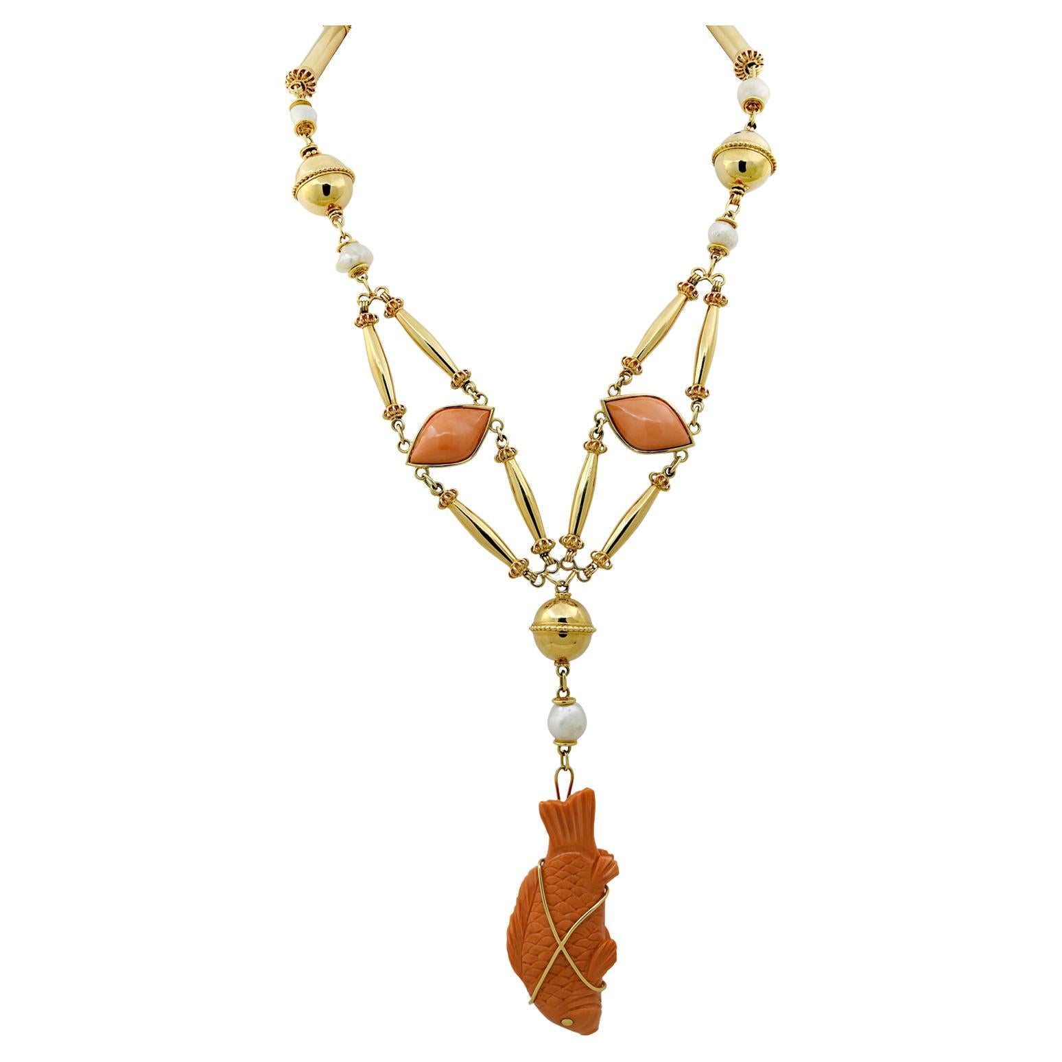 Cartier Cabochon Carved Coral Fish Necklace