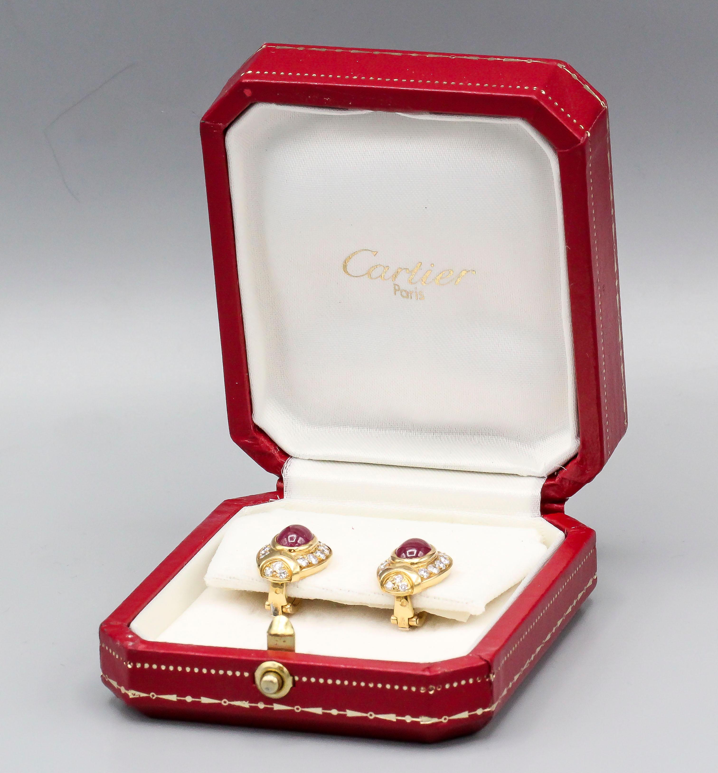 Women's Cartier Cabochon Ruby Diamond Gold Earrings