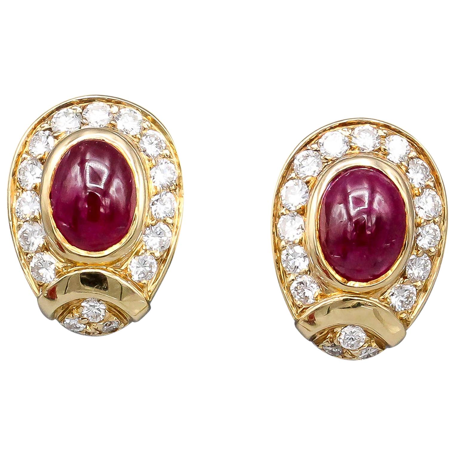 Cartier Cabochon Ruby Diamond Gold Earrings