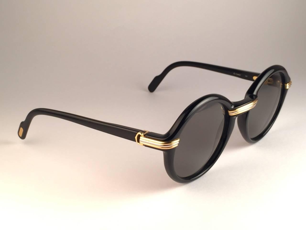 Cartier Cabriolet Round Black and Gold 52MM Gold Sunglasses, France 1990s 2