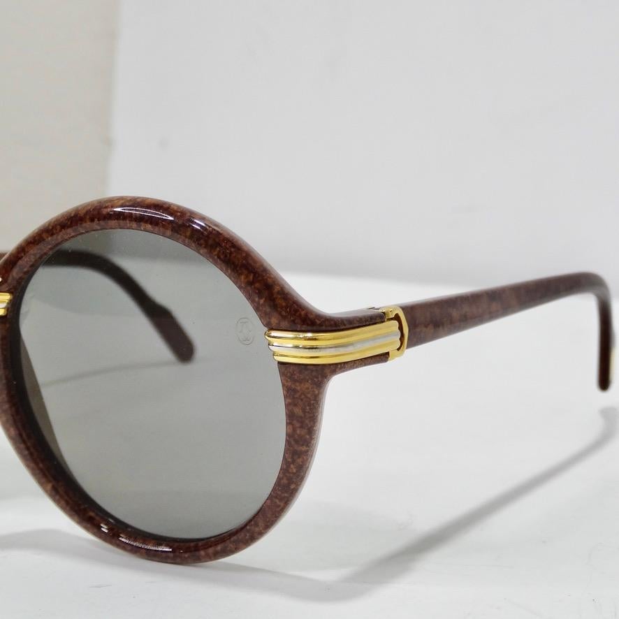 Women's or Men's Cartier Cabriolet Round Brown 22K Gold Sunglasses Circa 1991 For Sale
