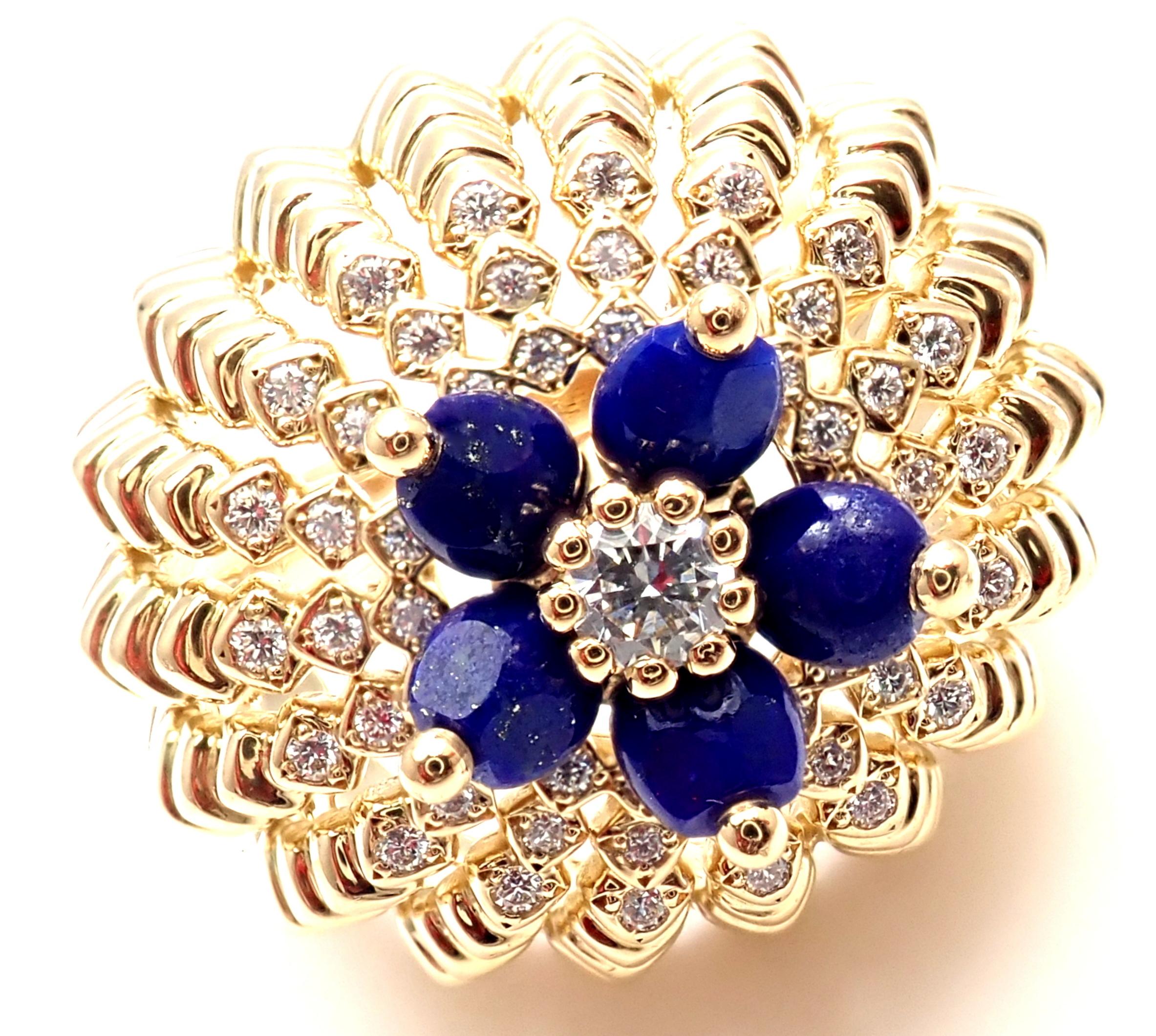 18k Yellow Gold Diamond Lapis Lazuli Cactus De Cartier RIng by Cartier.
With 55 brilliant-cut diamonds VVS1 clarity, E color total weight 0.28 carats
5 lapis lazuli stones
This ring comes with Cartier box.
Details:
Size: 6 3/4, European 54
Width: