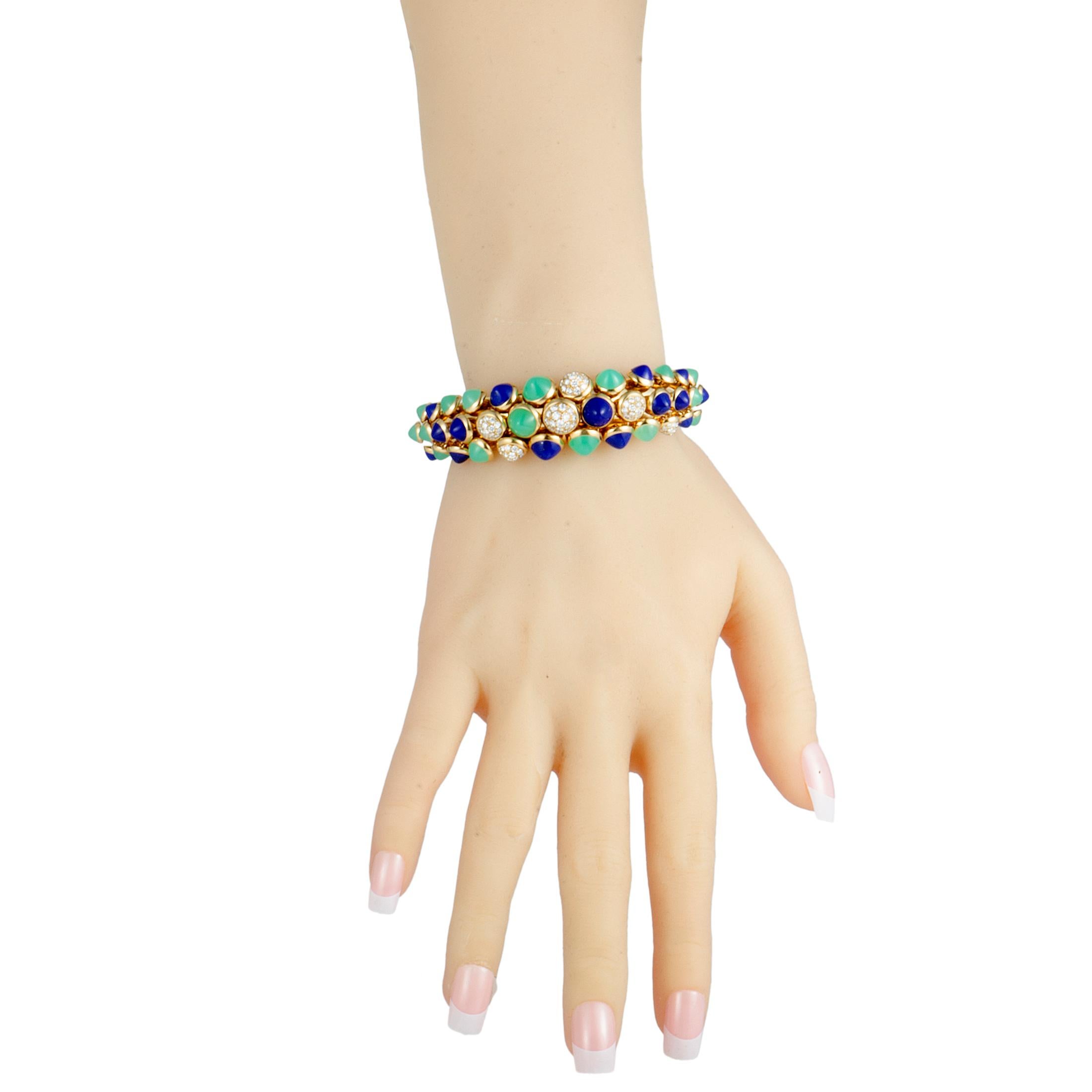 This spectacular piece is part of the imaginative “Cactus de Cartier” collection and offers a gorgeously vivacious look thanks to the effervescent allure of colorful gems that embellish it. The bracelet is expertly crafted from luxurious 18K yellow