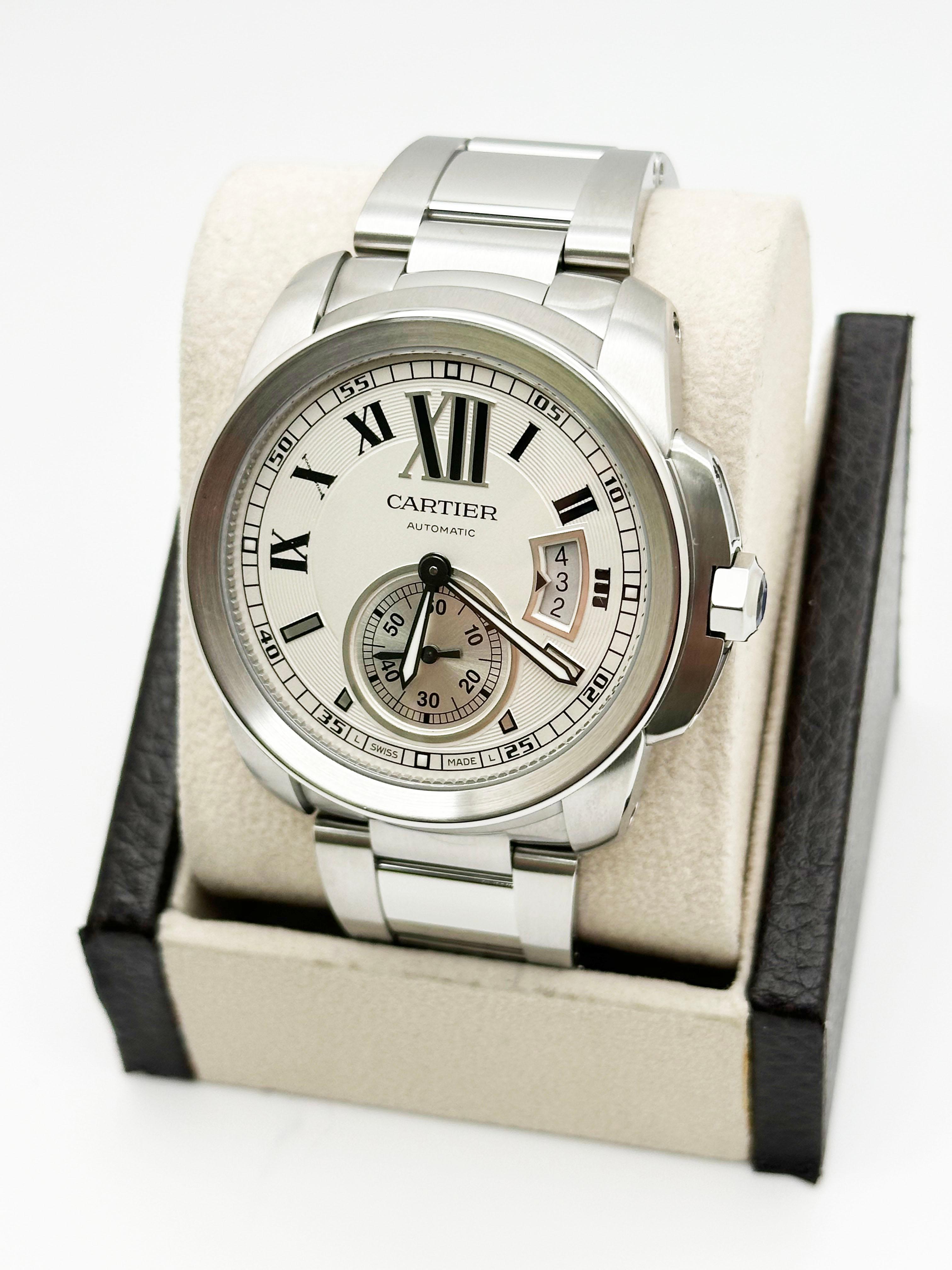 Uomo Cartier Cailbre Ref 3389 42mm Quadrante Argento Acciaio Inox in vendita