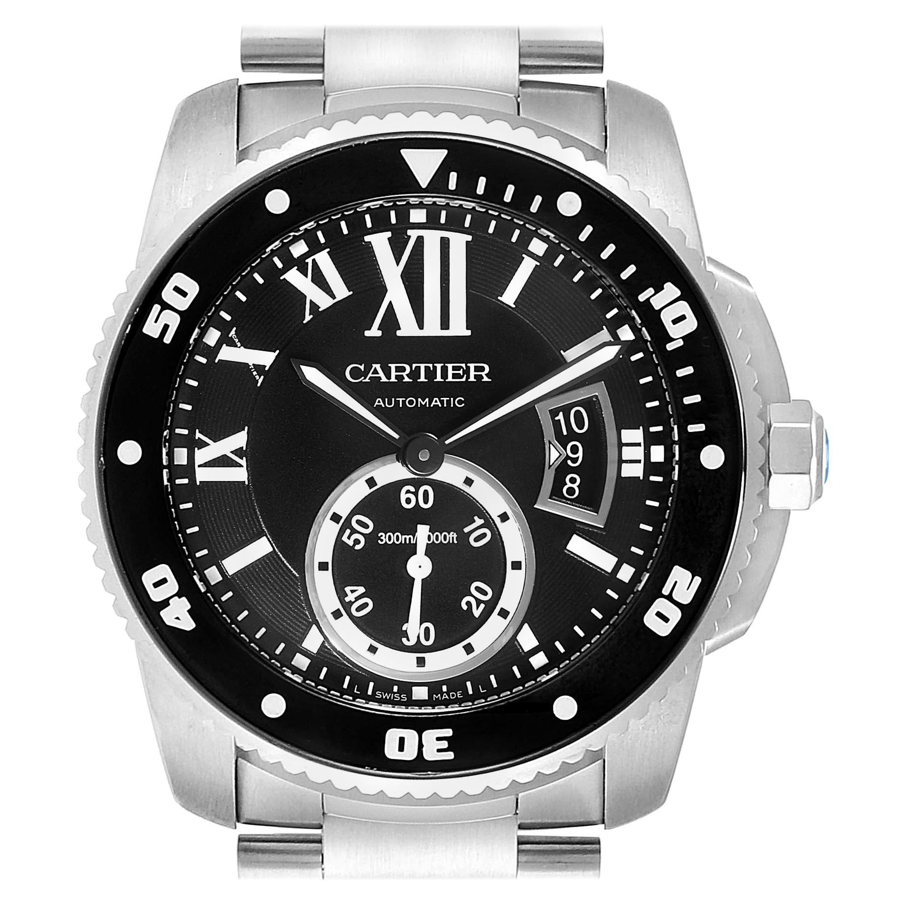 Cartier Calibre Black Dial Automatic Steel Men's Watch W7100057 Box Card For Sale