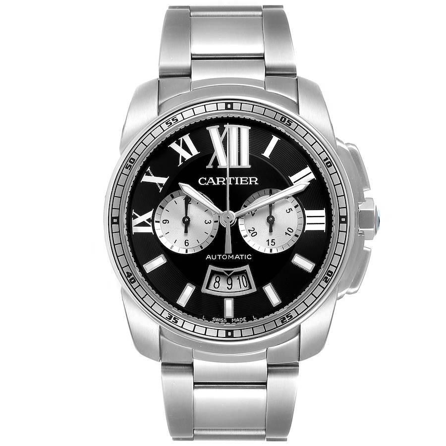Cartier Calibre Black Dial Cronograph Steel Mens Watch W7100061 Box Papers. Automatic self-winding chronograph movement. Stainless steel round case 42 mm in diameter. Crown cover with faceted blue spinel. Case thickness: 12.7 mm. Stainless steel