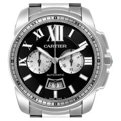 Cartier Calibre Black Dial Cronograph Steel Mens Watch W7100061 Box Papers