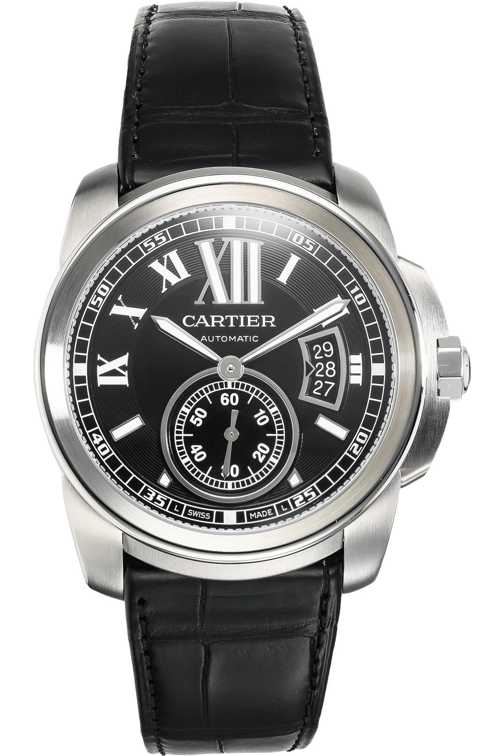 Cartier Calibre Black Dial Leather 42mm Men's Steel Watch Box W7100041
