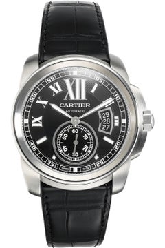 Cartier Calibre Black Dial Leather 42mm Men's Steel Watch Box W7100041