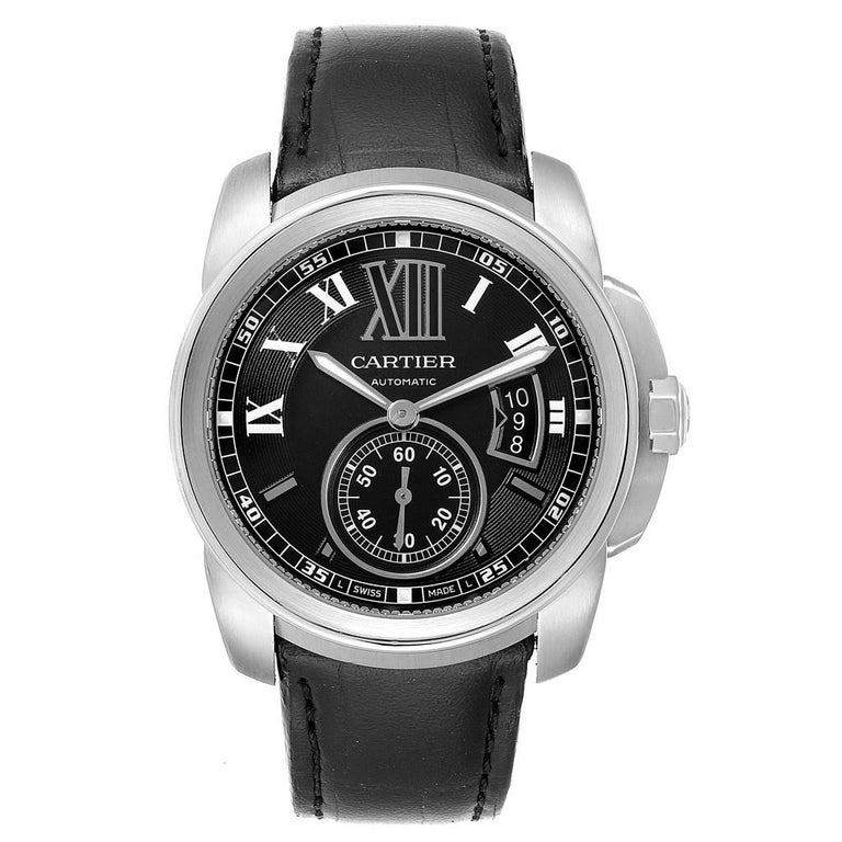 Cartier Calibre Black Dial Leather Strap Steel Men's Watch W7100014 For ...