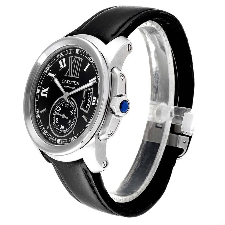 Cartier Calibre Black Dial Leather Strap Steel Men's Watch W7100014 For Sale at 1stDibs